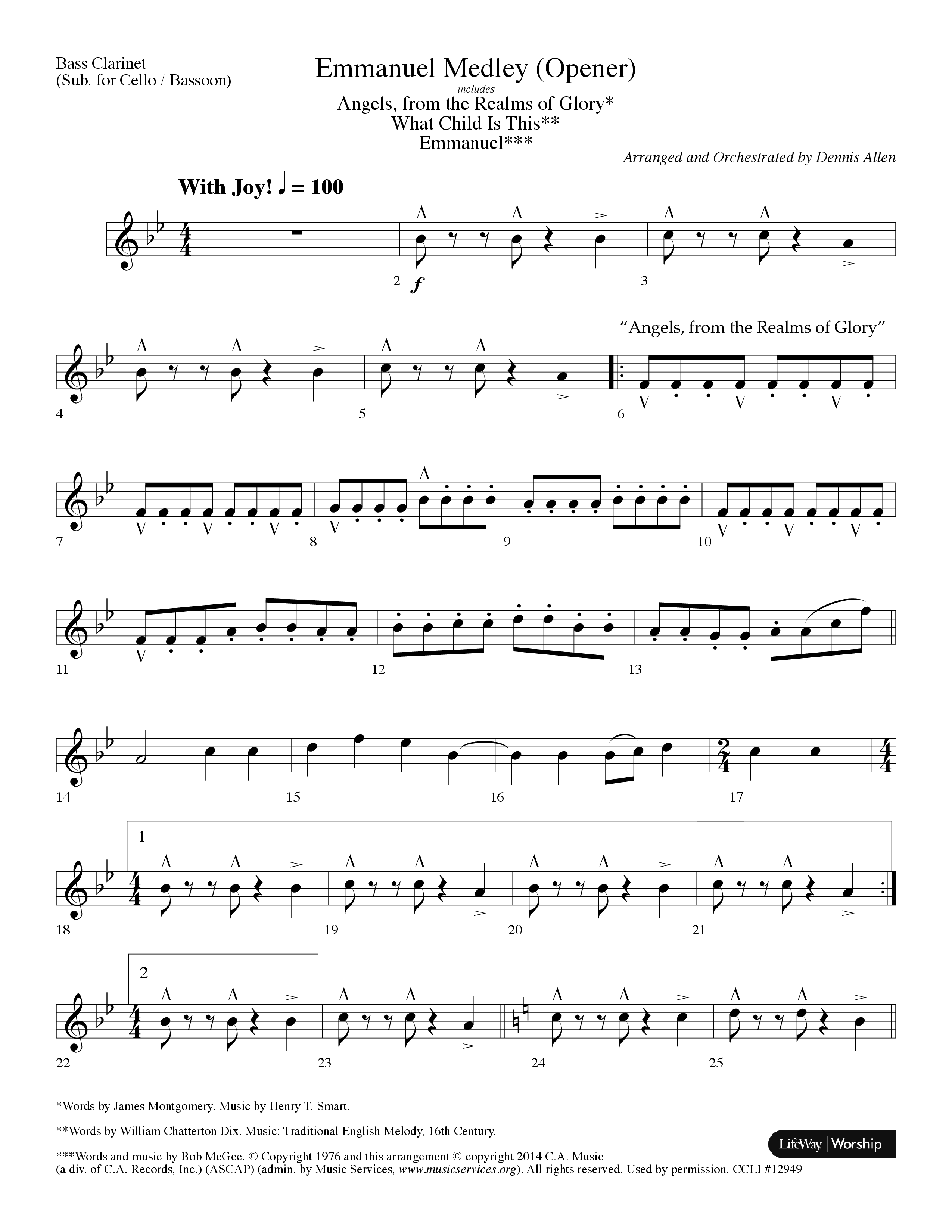 Emmanuel Medley (Opener) (with Angels From The Realms Of Glory, What Child Is This, Emmanuel) (Choral Anthem SATB) Bass Clarinet (Lifeway Choral / Arr. Dennis Allen)