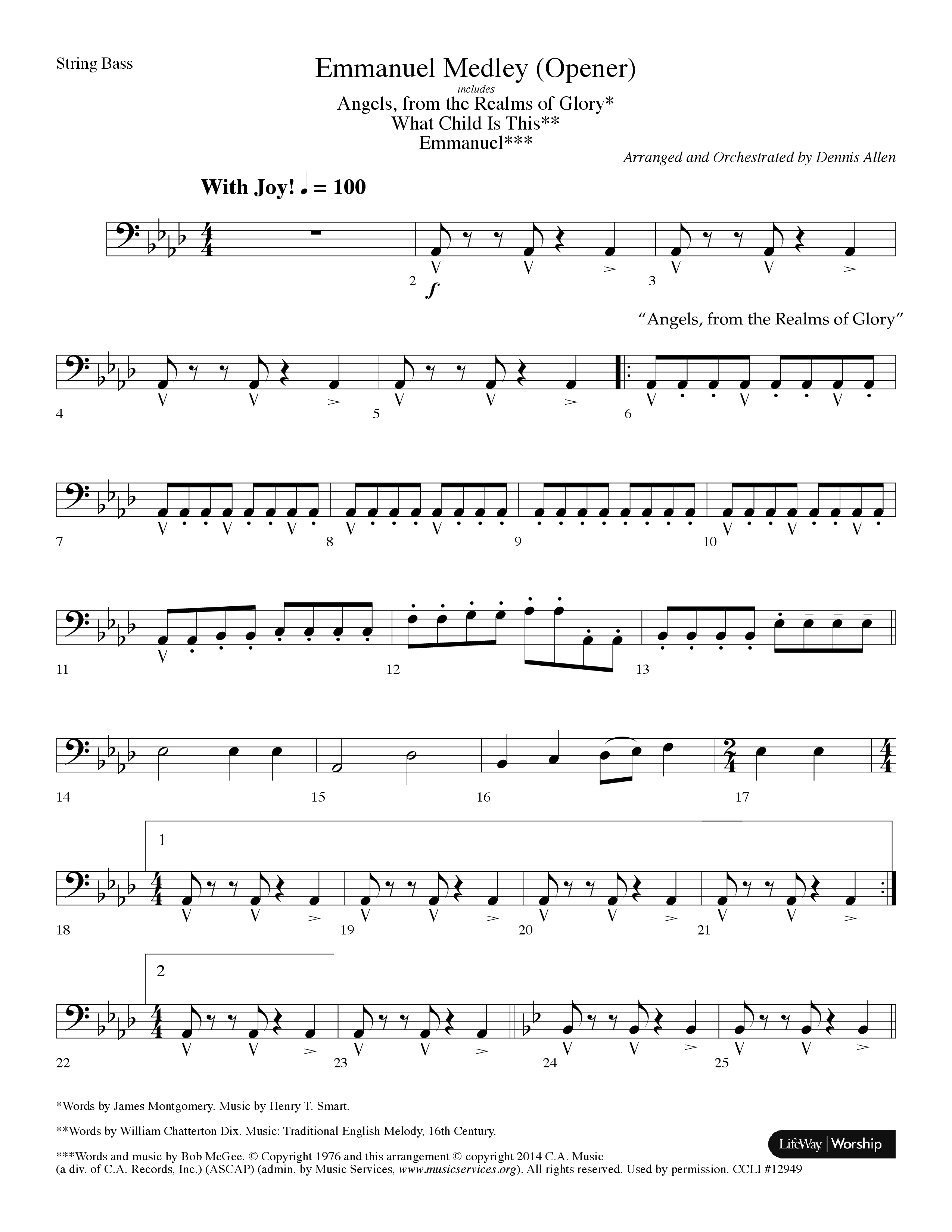Emmanuel Medley (Opener) (with Angels From The Realms Of Glory, What Child Is This, Emmanuel) (Choral Anthem SATB) String Bass (Lifeway Choral / Arr. Dennis Allen)
