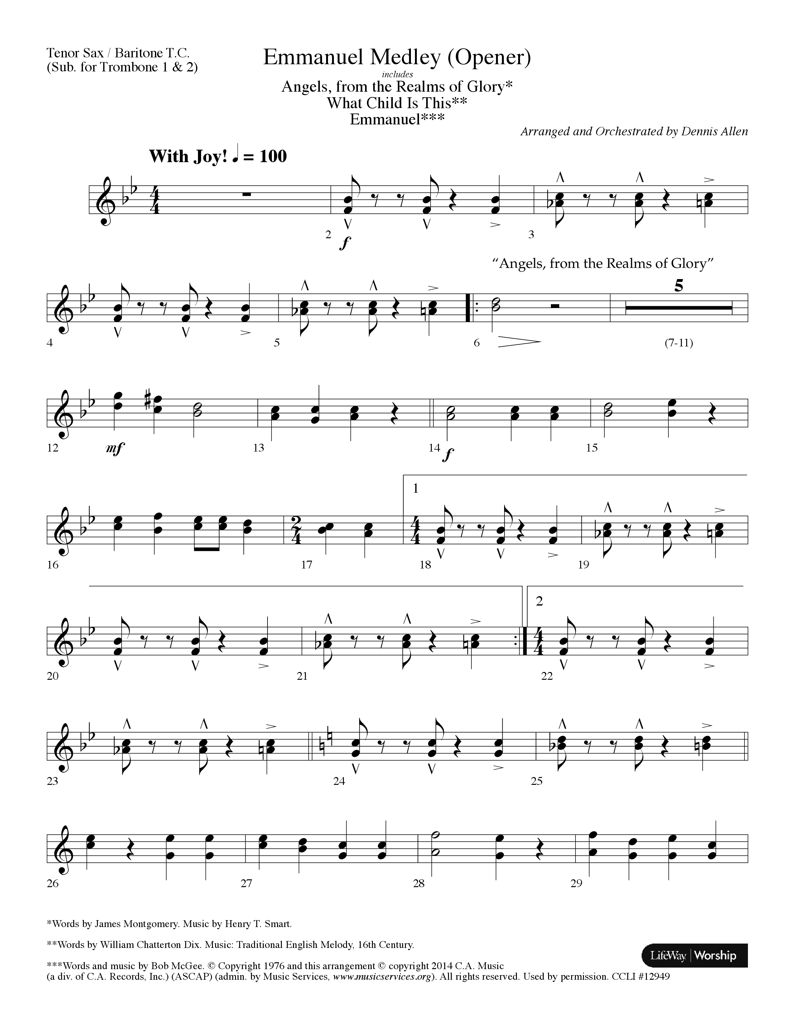 Emmanuel Medley (Opener) (with Angels From The Realms Of Glory, What Child Is This, Emmanuel) (Choral Anthem SATB) Tenor Sax/Baritone T.C. (Lifeway Choral / Arr. Dennis Allen)