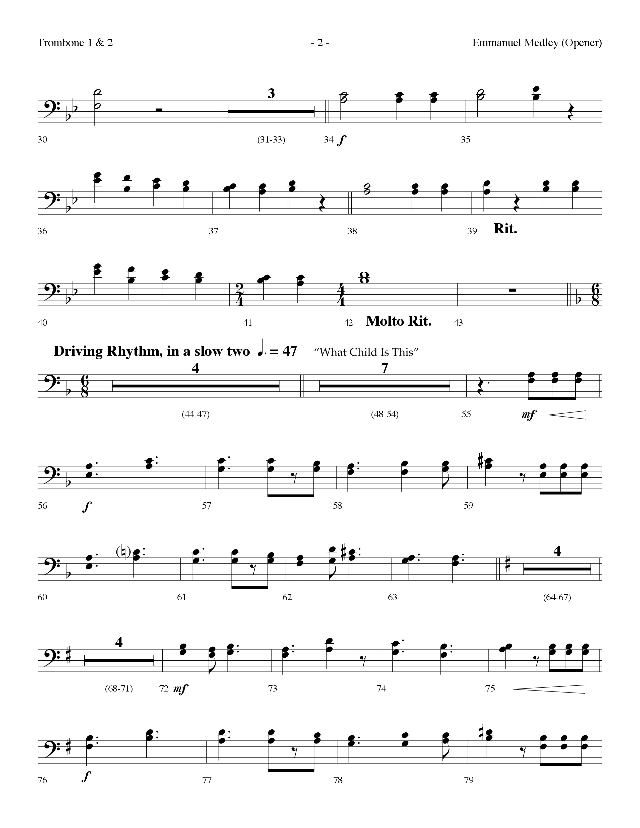 Emmanuel Medley (Opener) (with Angels From The Realms Of Glory, What Child Is This, Emmanuel) (Choral Anthem SATB) Trombone 1/2 (Lifeway Choral / Arr. Dennis Allen)