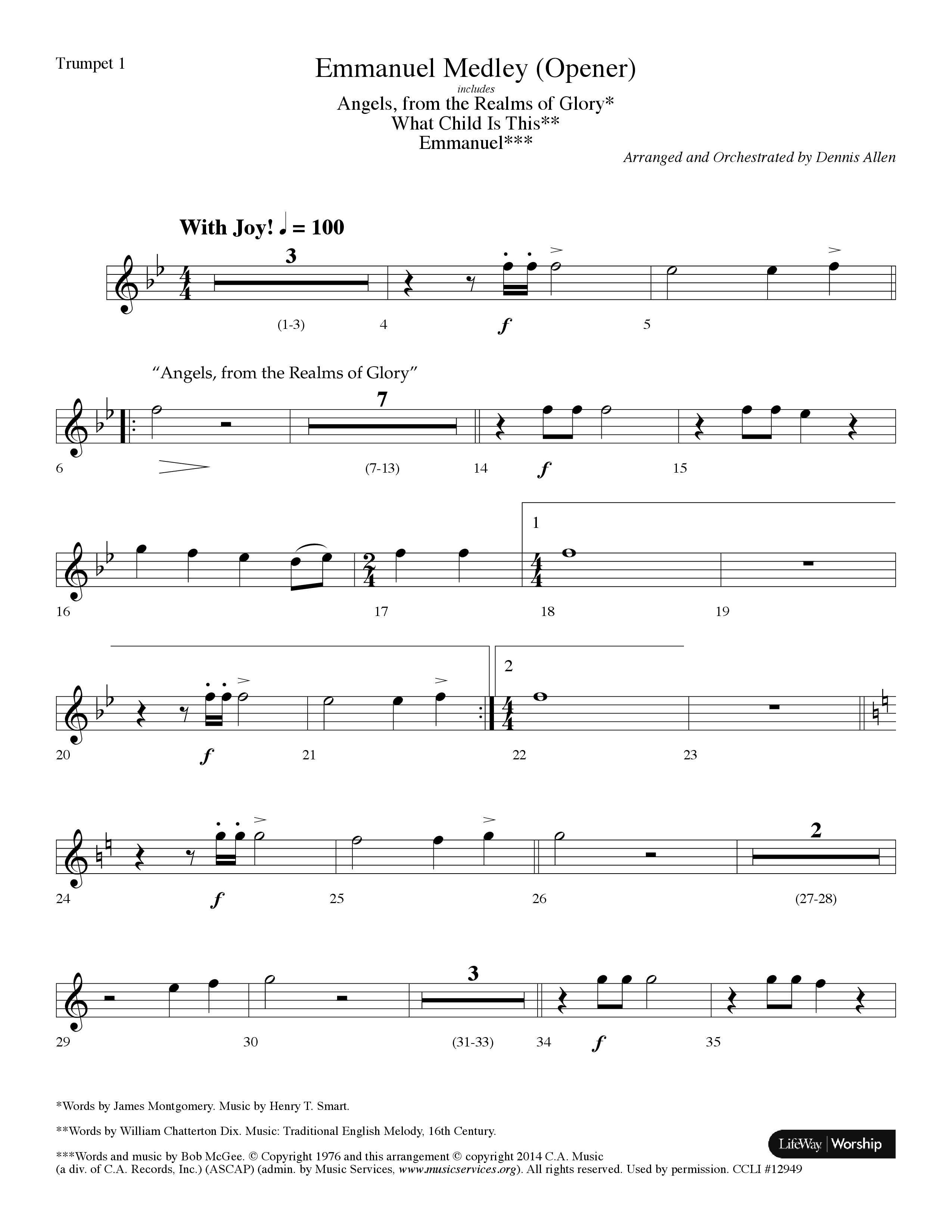 Emmanuel Medley (Opener) (with Angels From The Realms Of Glory, What Child Is This, Emmanuel) (Choral Anthem SATB) Trumpet 1 (Lifeway Choral / Arr. Dennis Allen)