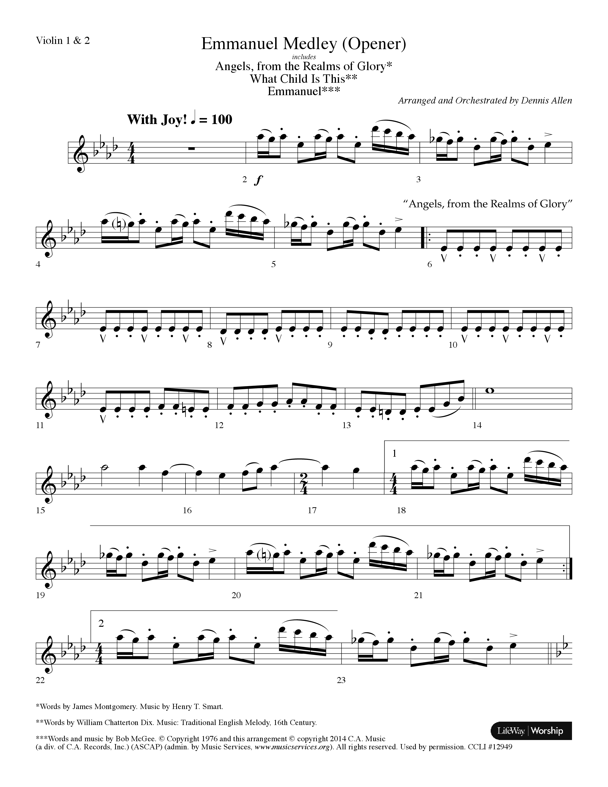 Emmanuel Medley (Opener) (with Angels From The Realms Of Glory, What Child Is This, Emmanuel) (Choral Anthem SATB) Violin 1/2 (Lifeway Choral / Arr. Dennis Allen)