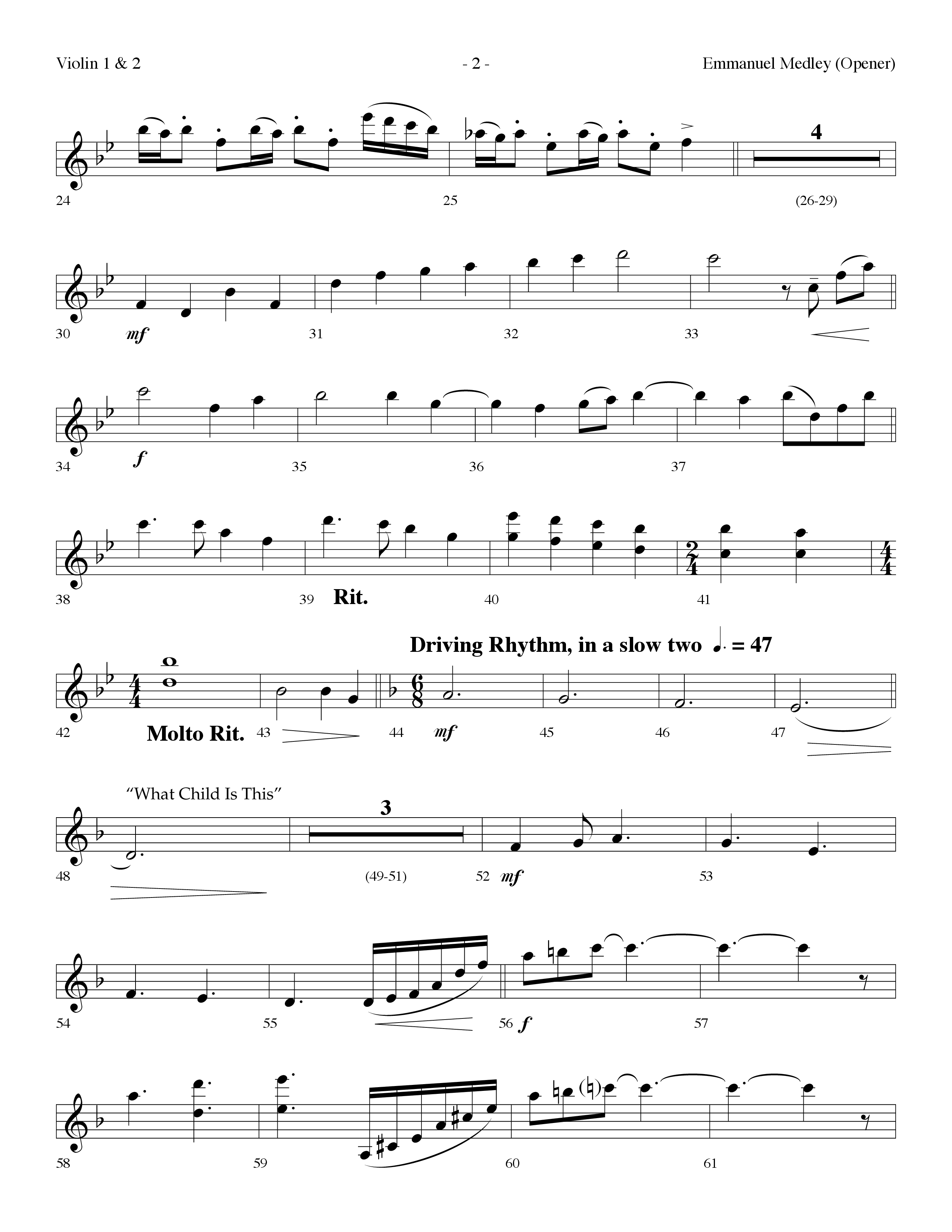 Emmanuel Medley (Opener) (with Angels From The Realms Of Glory, What Child Is This, Emmanuel) (Choral Anthem SATB) Violin 1/2 (Lifeway Choral / Arr. Dennis Allen)