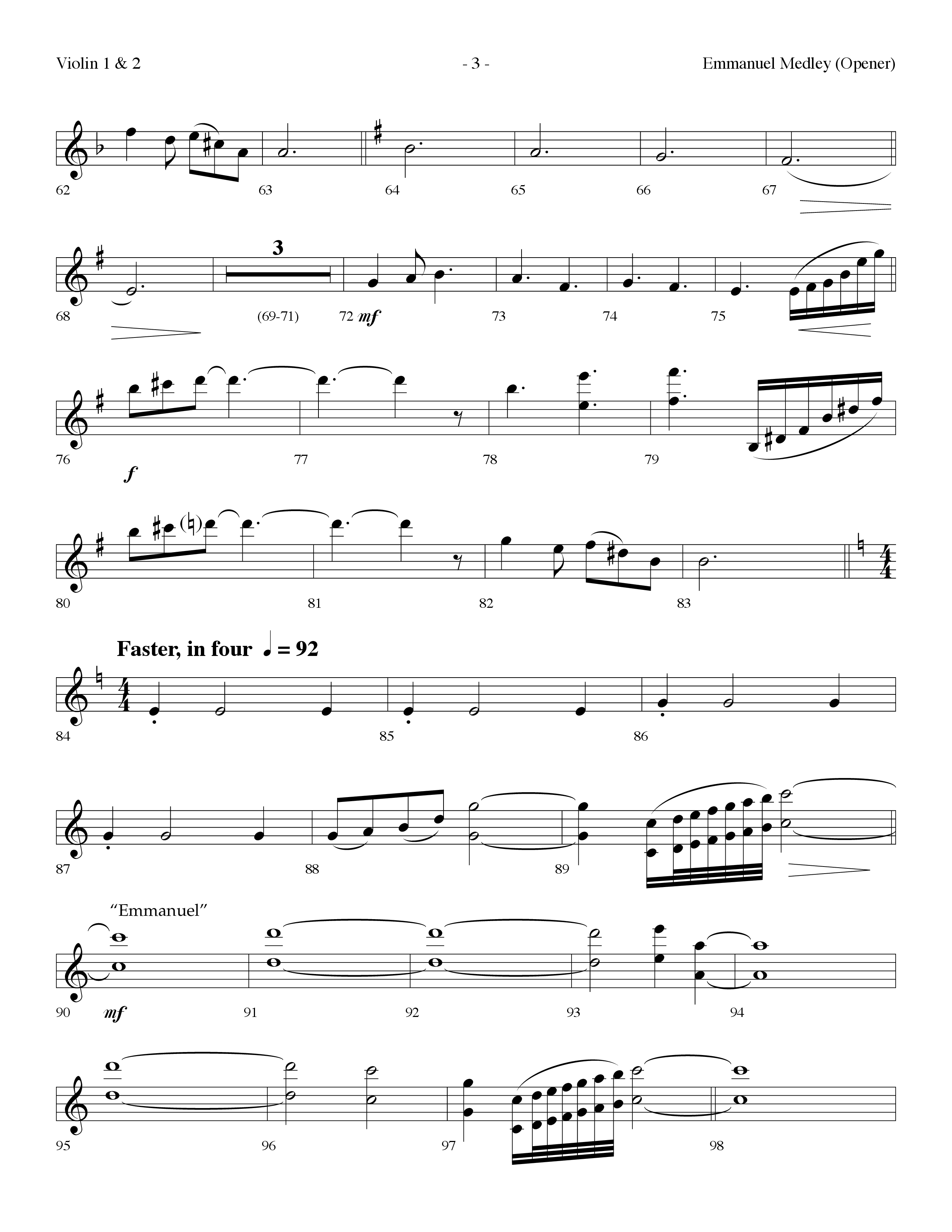 Emmanuel Medley (Opener) (with Angels From The Realms Of Glory, What Child Is This, Emmanuel) (Choral Anthem SATB) Violin 1/2 (Lifeway Choral / Arr. Dennis Allen)