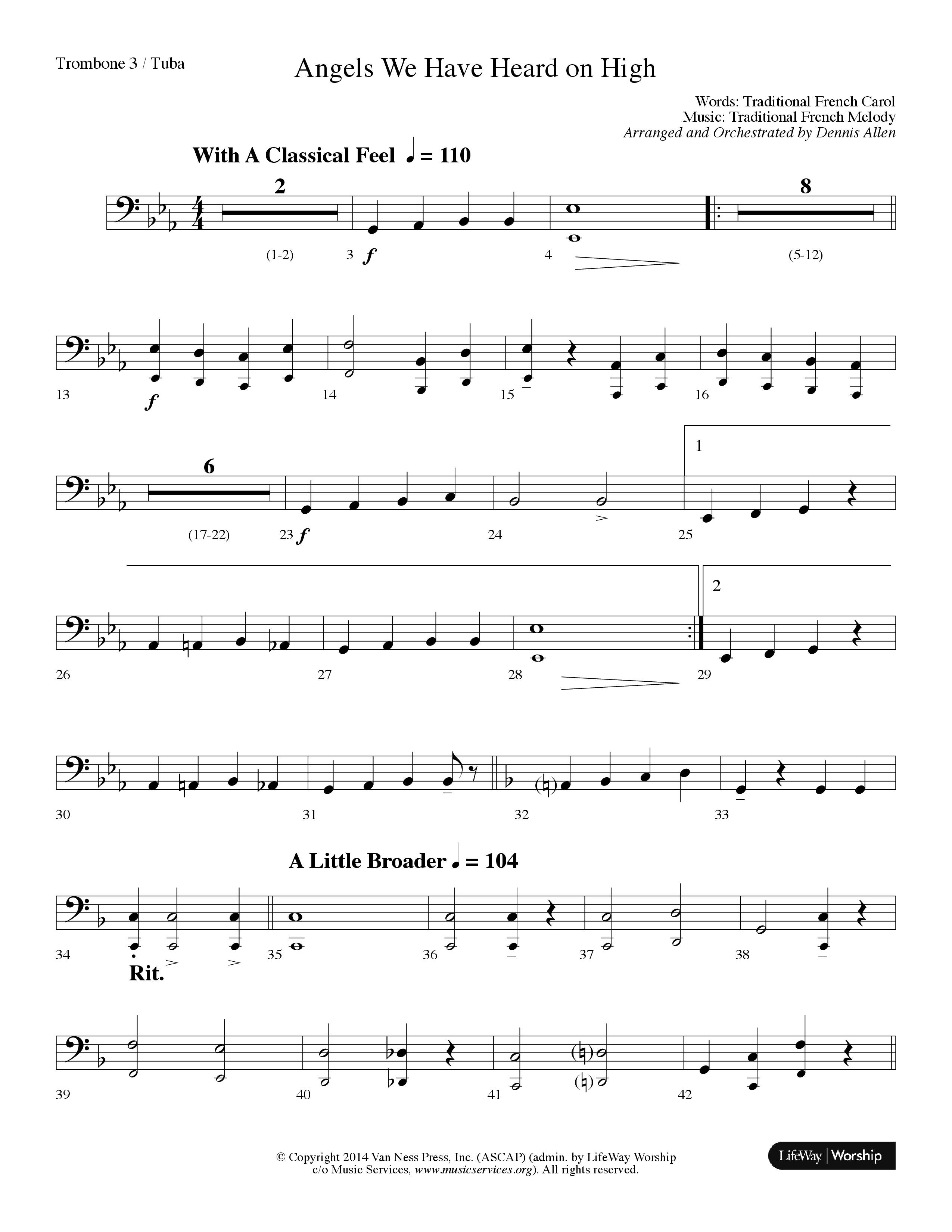 Angels We Have Heard On High (Choral Anthem SATB) Trombone 3/Tuba (Lifeway Choral / Arr. Dennis Allen)