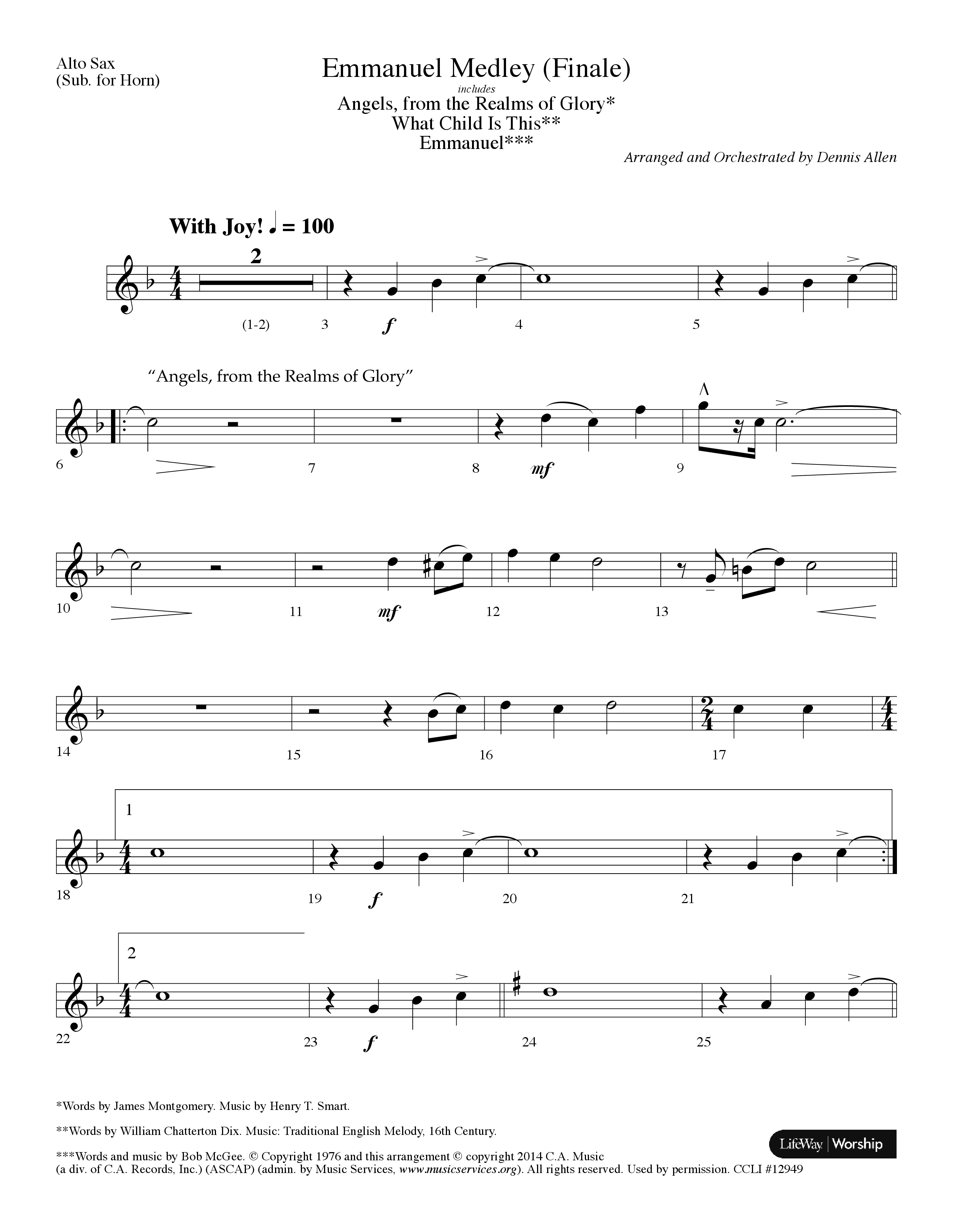 Emmanuel Medley (Finale) (with Angels From The Realms Of Glory, What Child Is This, Emmanuel) (Choral Anthem SATB) Alto Sax (Lifeway Choral / Arr. Dennis Allen)