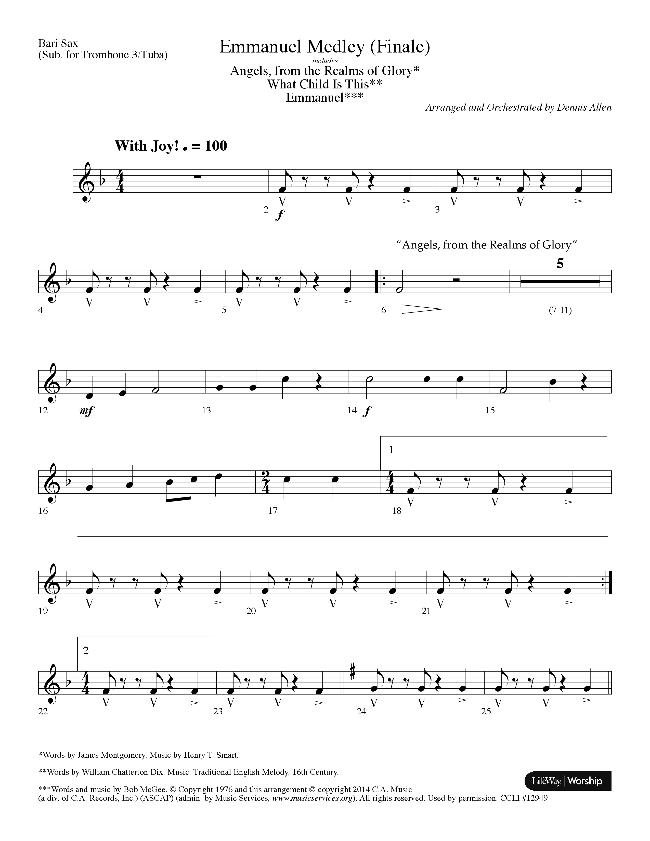 Emmanuel Medley (Finale) (with Angels From The Realms Of Glory, What Child Is This, Emmanuel) (Choral Anthem SATB) Bari Sax (Lifeway Choral / Arr. Dennis Allen)