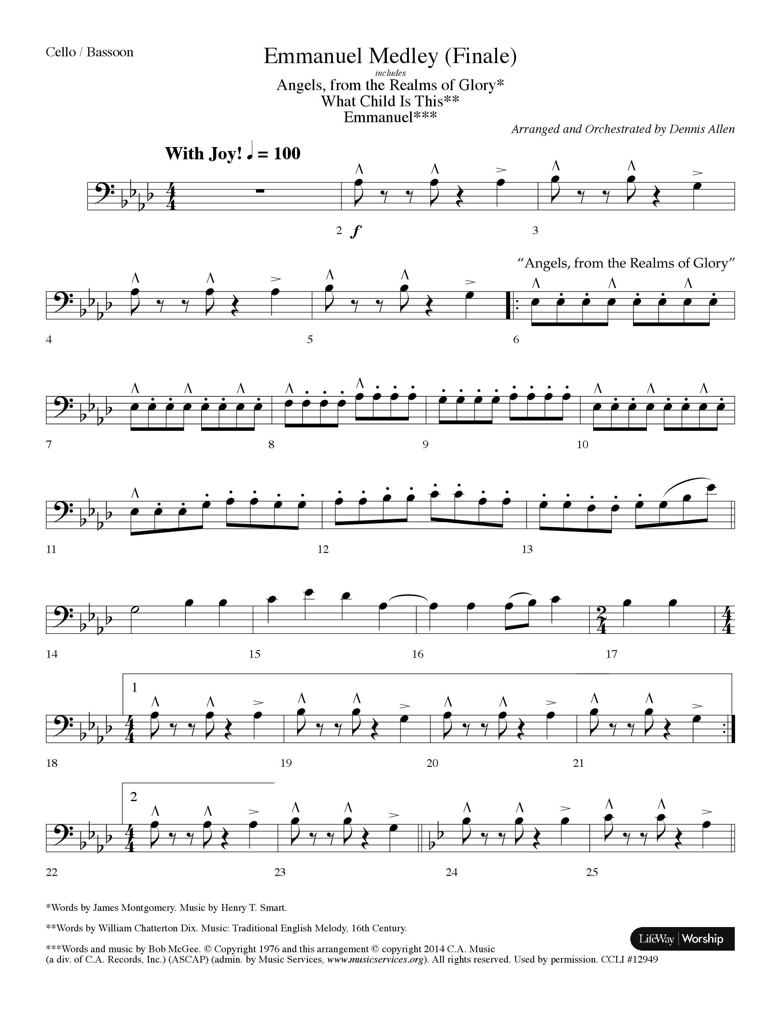 Emmanuel Medley (Finale) (with Angels From The Realms Of Glory, What Child Is This, Emmanuel) (Choral Anthem SATB) Cello (Lifeway Choral / Arr. Dennis Allen)