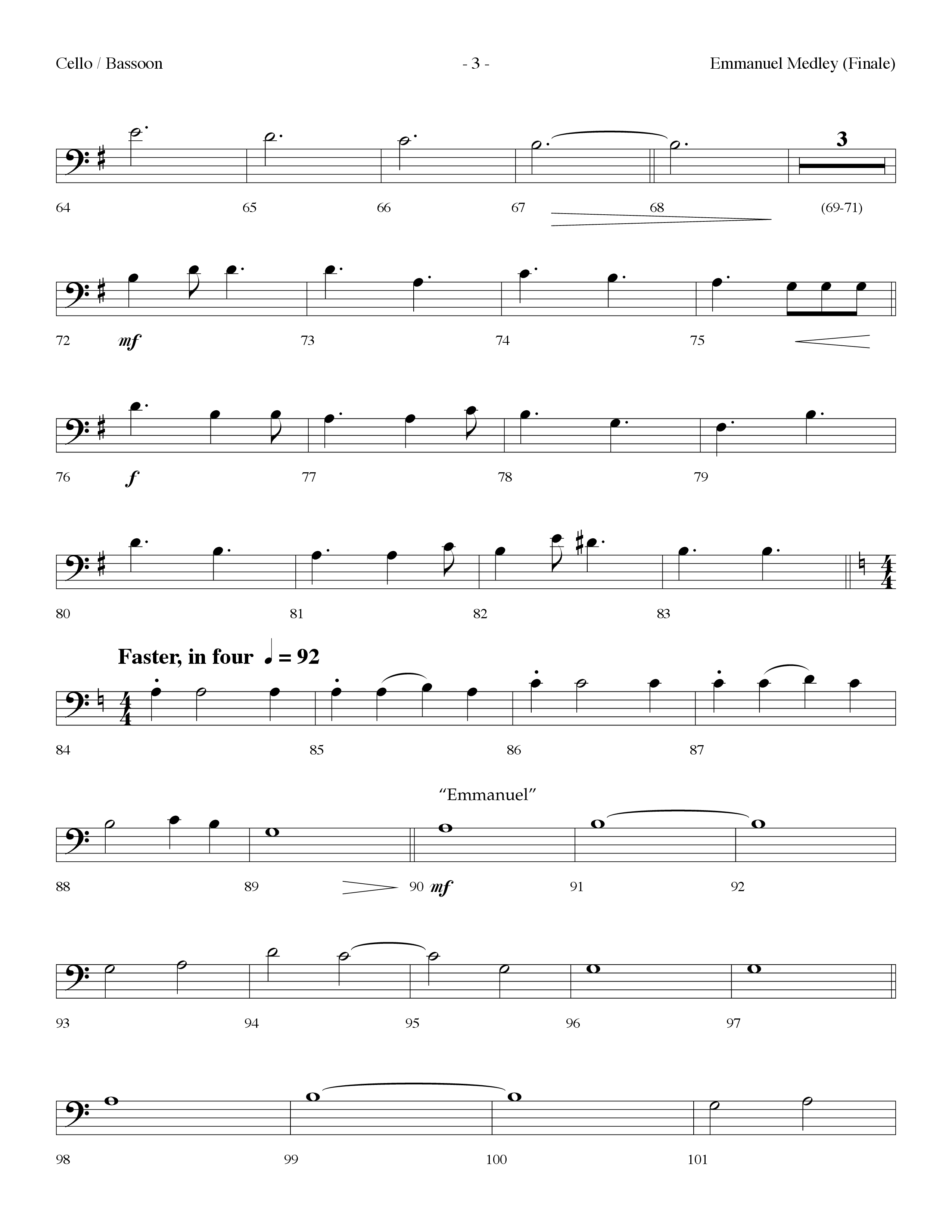 Emmanuel Medley (Finale) (with Angels From The Realms Of Glory, What Child Is This, Emmanuel) (Choral Anthem SATB) Cello (Lifeway Choral / Arr. Dennis Allen)