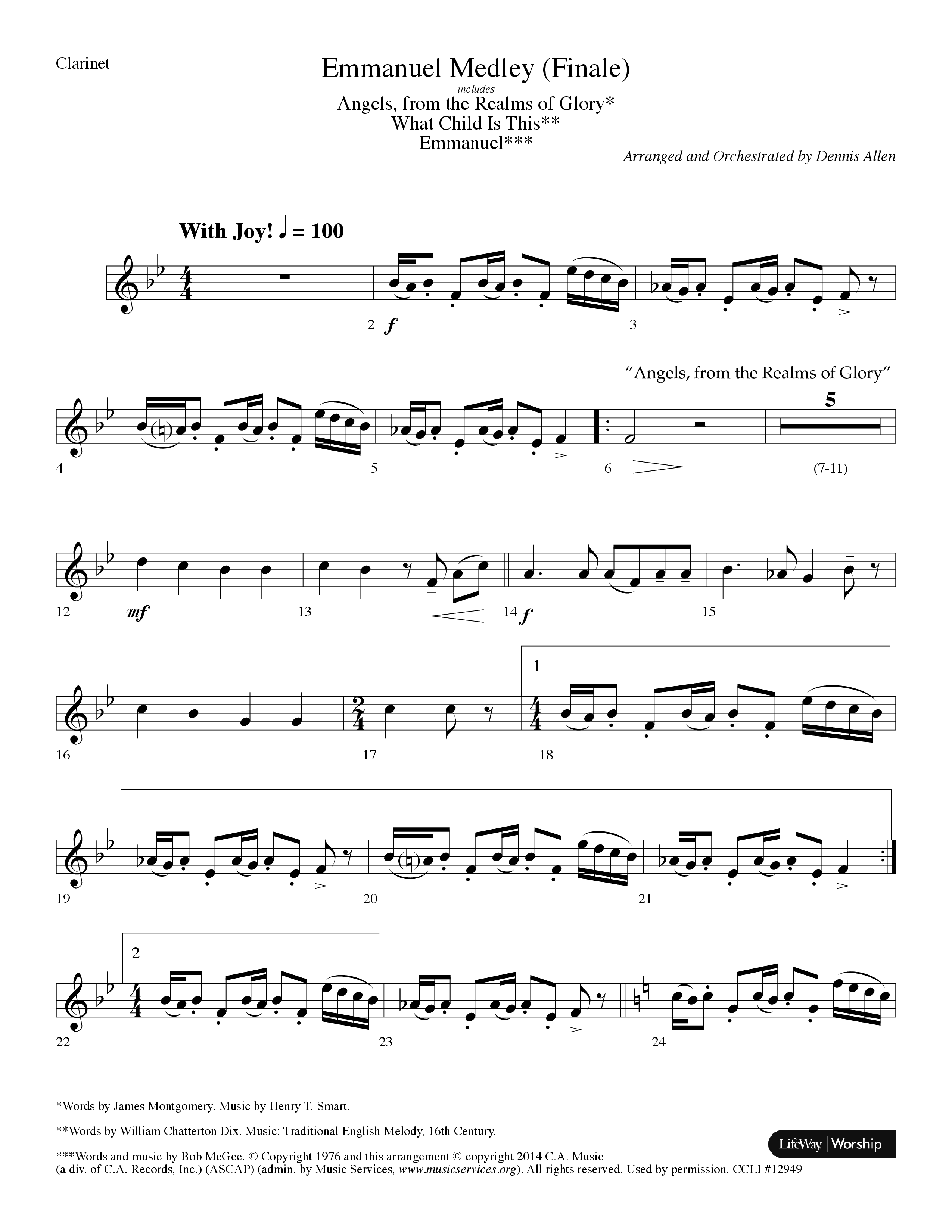 Emmanuel Medley (Finale) (with Angels From The Realms Of Glory, What Child Is This, Emmanuel) (Choral Anthem SATB) Clarinet (Lifeway Choral / Arr. Dennis Allen)