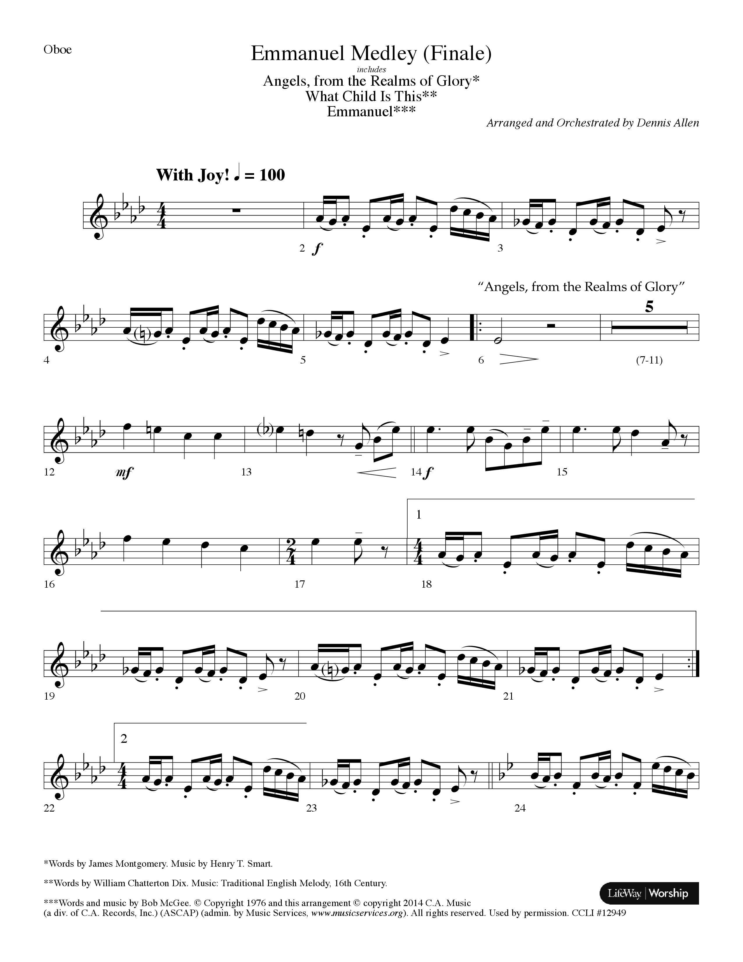 Emmanuel Medley (Finale) (with Angels From The Realms Of Glory, What Child Is This, Emmanuel) (Choral Anthem SATB) Oboe (Lifeway Choral / Arr. Dennis Allen)