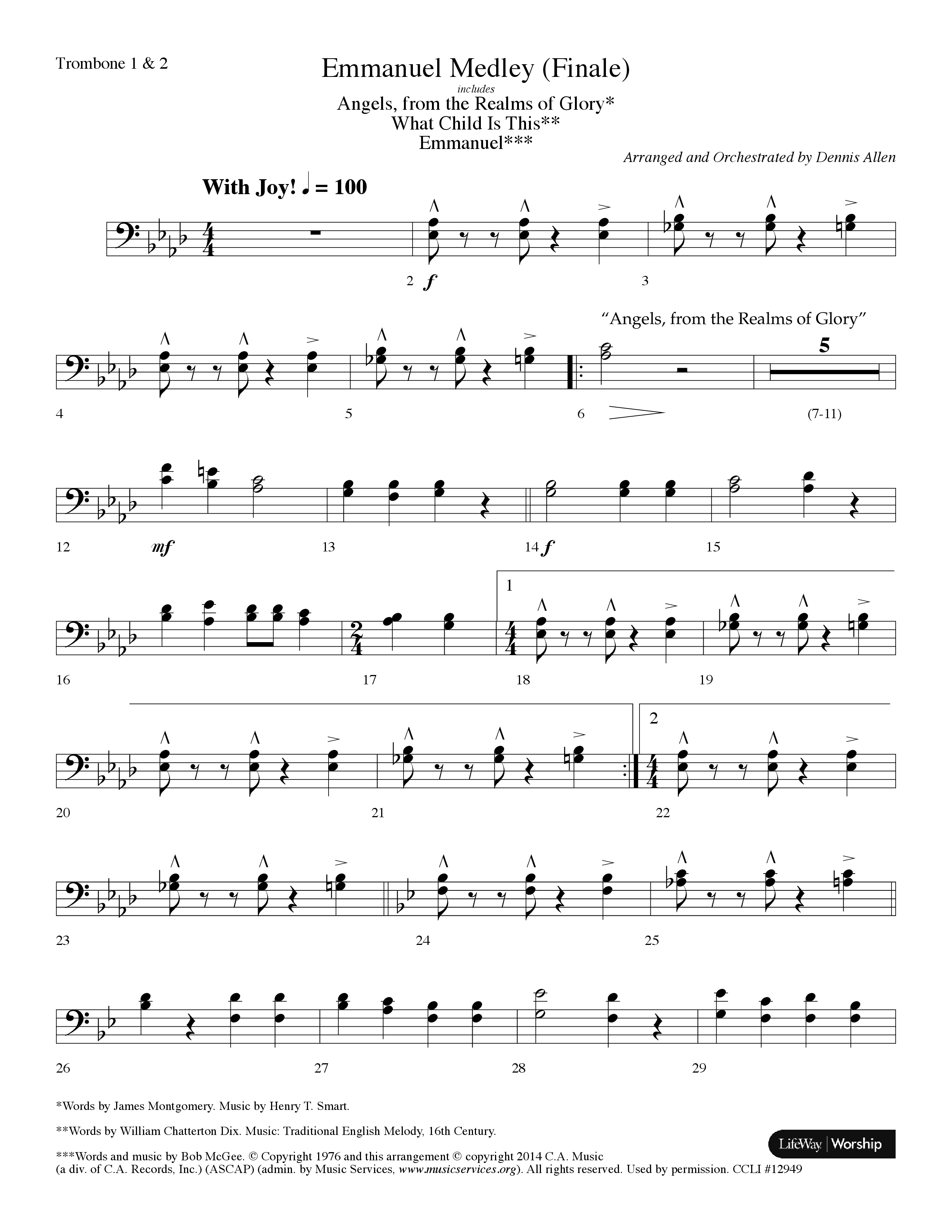 Emmanuel Medley (Finale) (with Angels From The Realms Of Glory, What Child Is This, Emmanuel) (Choral Anthem SATB) Trombone 1/2 (Lifeway Choral / Arr. Dennis Allen)