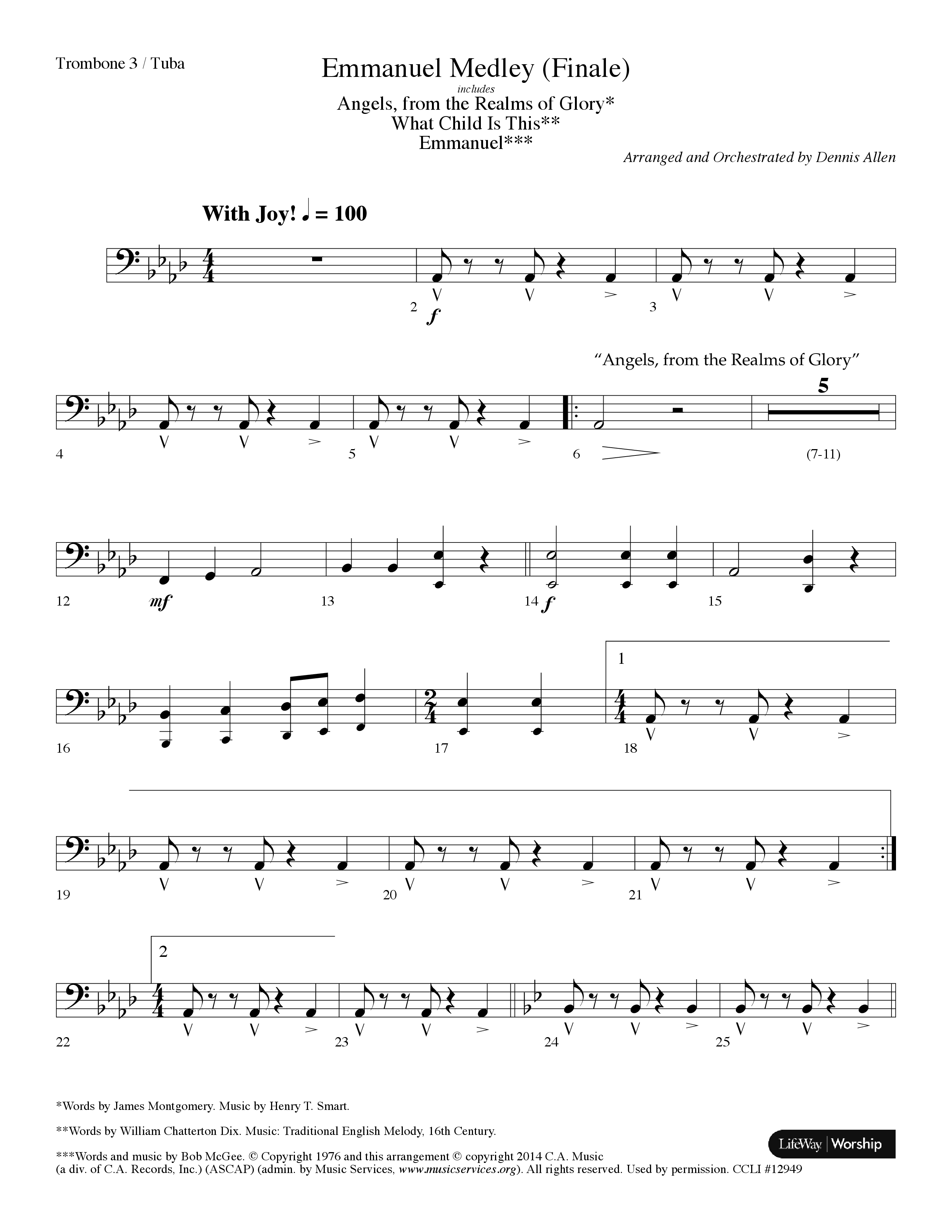 Emmanuel Medley (Finale) (with Angels From The Realms Of Glory, What Child Is This, Emmanuel) (Choral Anthem SATB) Trombone 3/Tuba (Lifeway Choral / Arr. Dennis Allen)