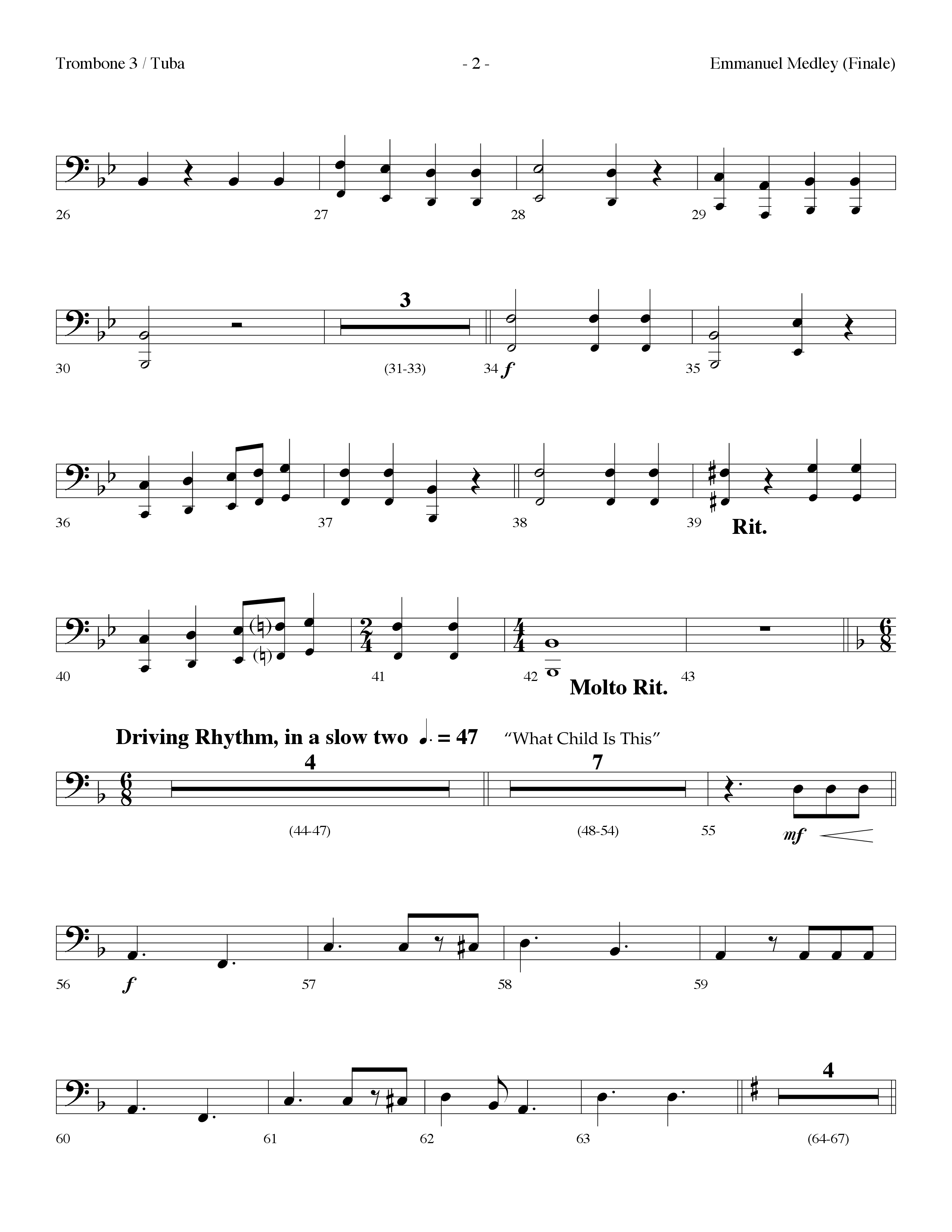 Emmanuel Medley (Finale) (with Angels From The Realms Of Glory, What Child Is This, Emmanuel) (Choral Anthem SATB) Trombone 3/Tuba (Lifeway Choral / Arr. Dennis Allen)