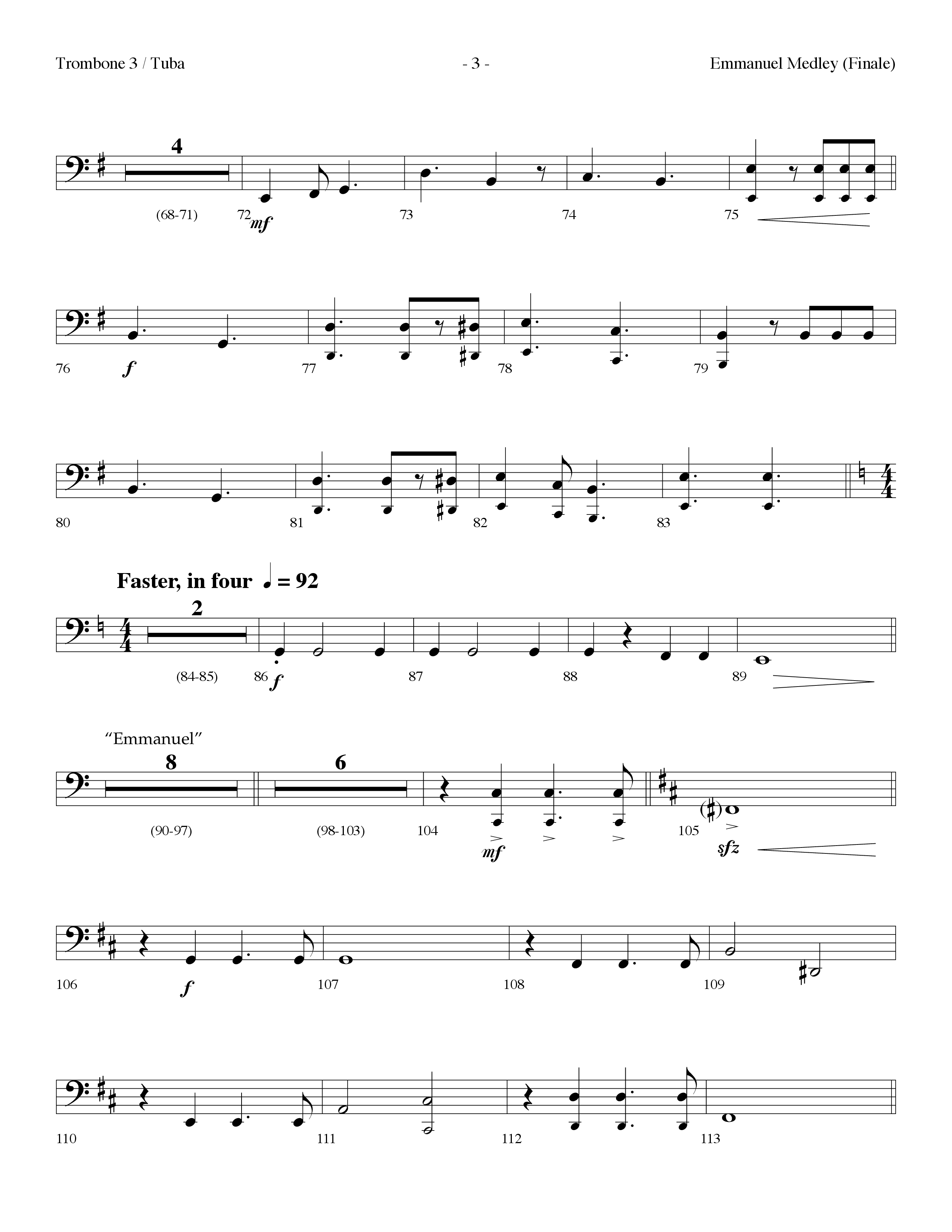 Emmanuel Medley (Finale) (with Angels From The Realms Of Glory, What Child Is This, Emmanuel) (Choral Anthem SATB) Trombone 3/Tuba (Lifeway Choral / Arr. Dennis Allen)