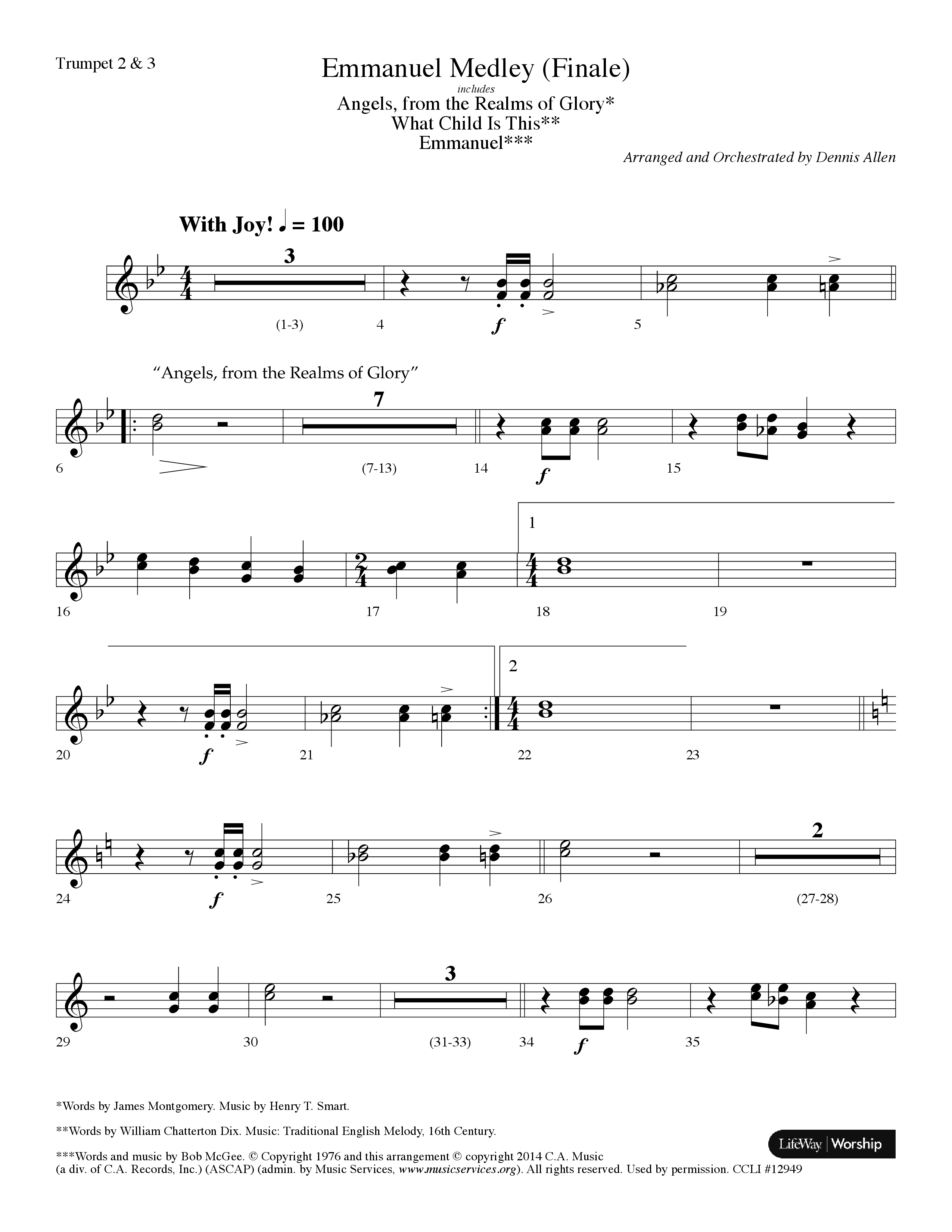 Emmanuel Medley (Finale) (with Angels From The Realms Of Glory, What Child Is This, Emmanuel) (Choral Anthem SATB) Trumpet 2/3 (Lifeway Choral / Arr. Dennis Allen)