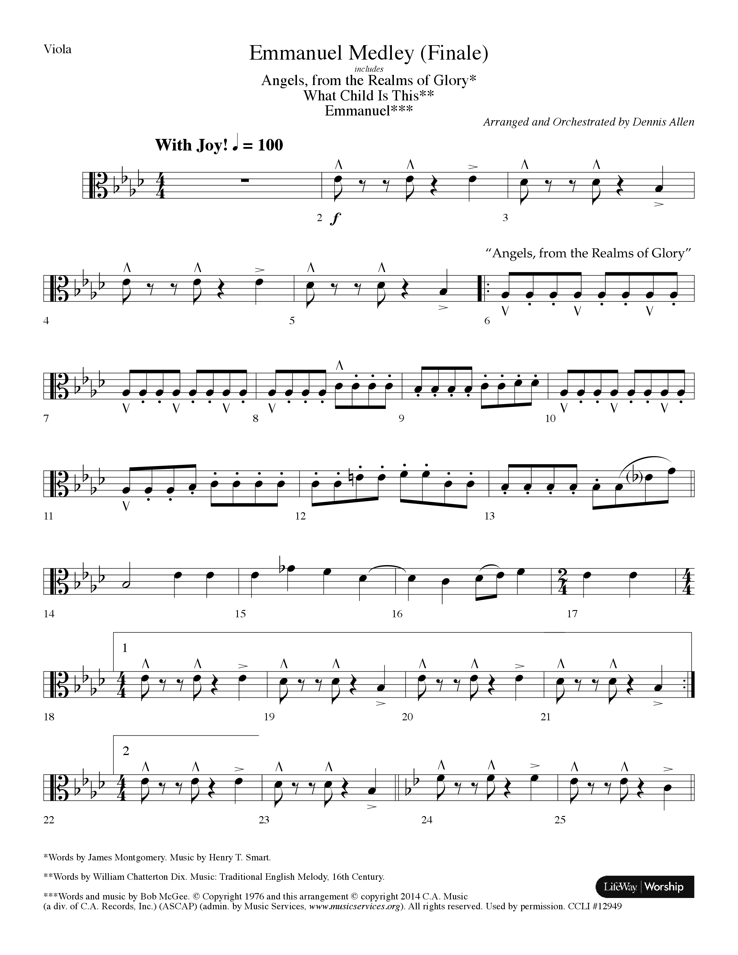 Emmanuel Medley (Finale) (with Angels From The Realms Of Glory, What Child Is This, Emmanuel) (Choral Anthem SATB) Viola (Lifeway Choral / Arr. Dennis Allen)