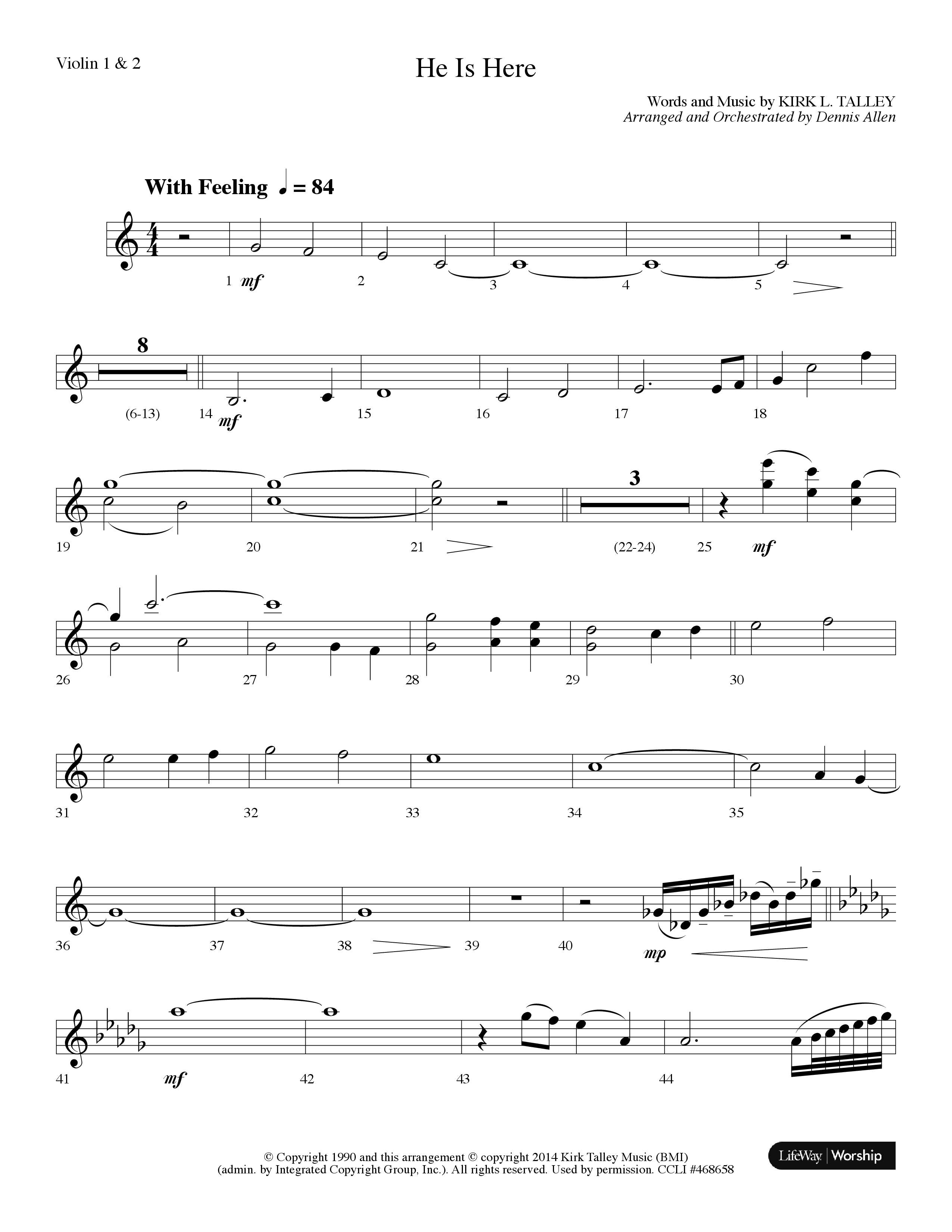 He Is Here (Choral Anthem SATB) Violin 1/2 (Lifeway Worship / Arr. Dennis Allen)