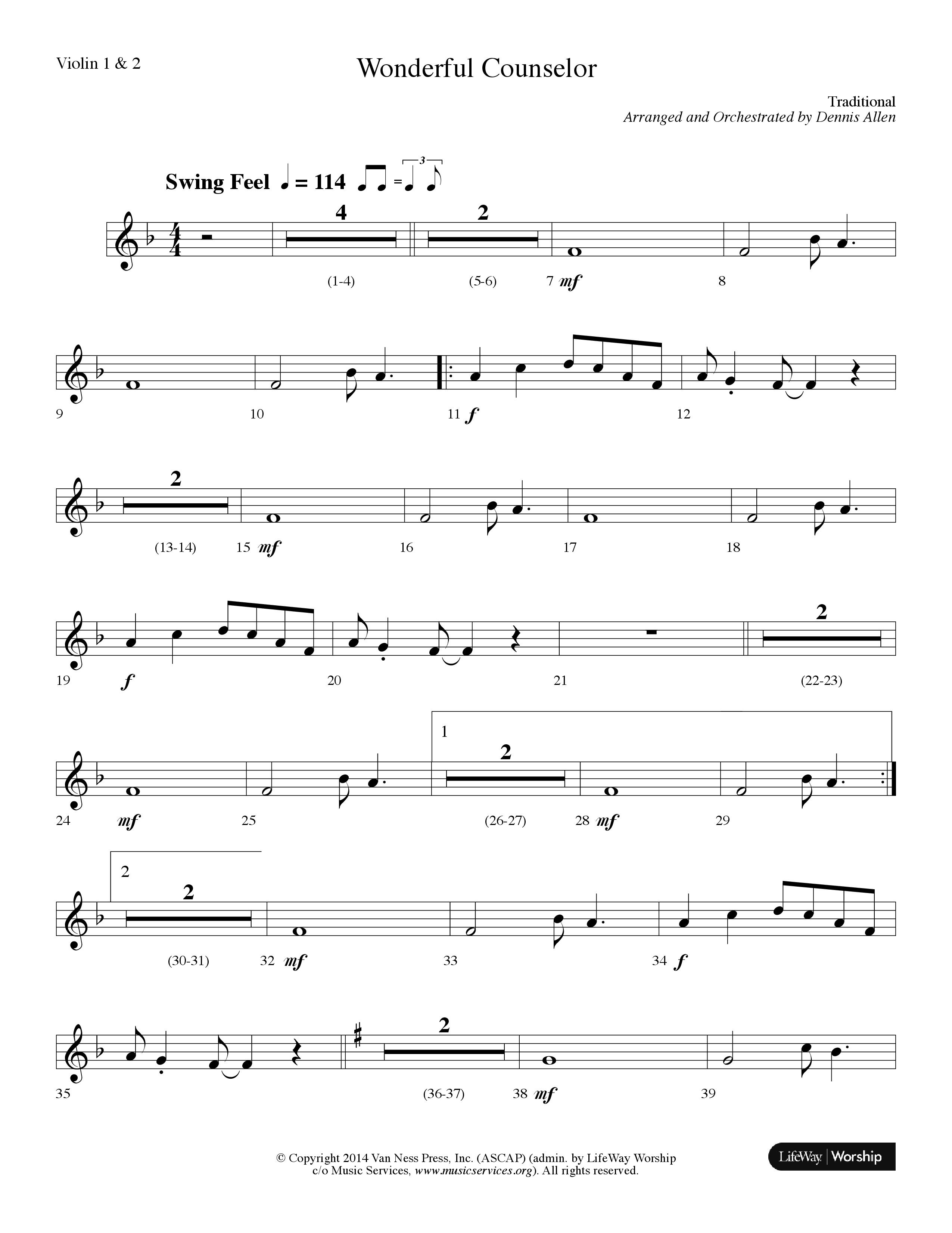 Wonderful Counselor (Choral Anthem SATB) Violin 1/2 (Lifeway Choral / Arr. Dennis Allen)