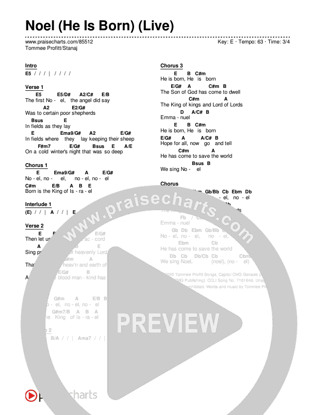 Noel (He Is Born) (Live) Chord Chart (Tommee Profitt / Stanaj)