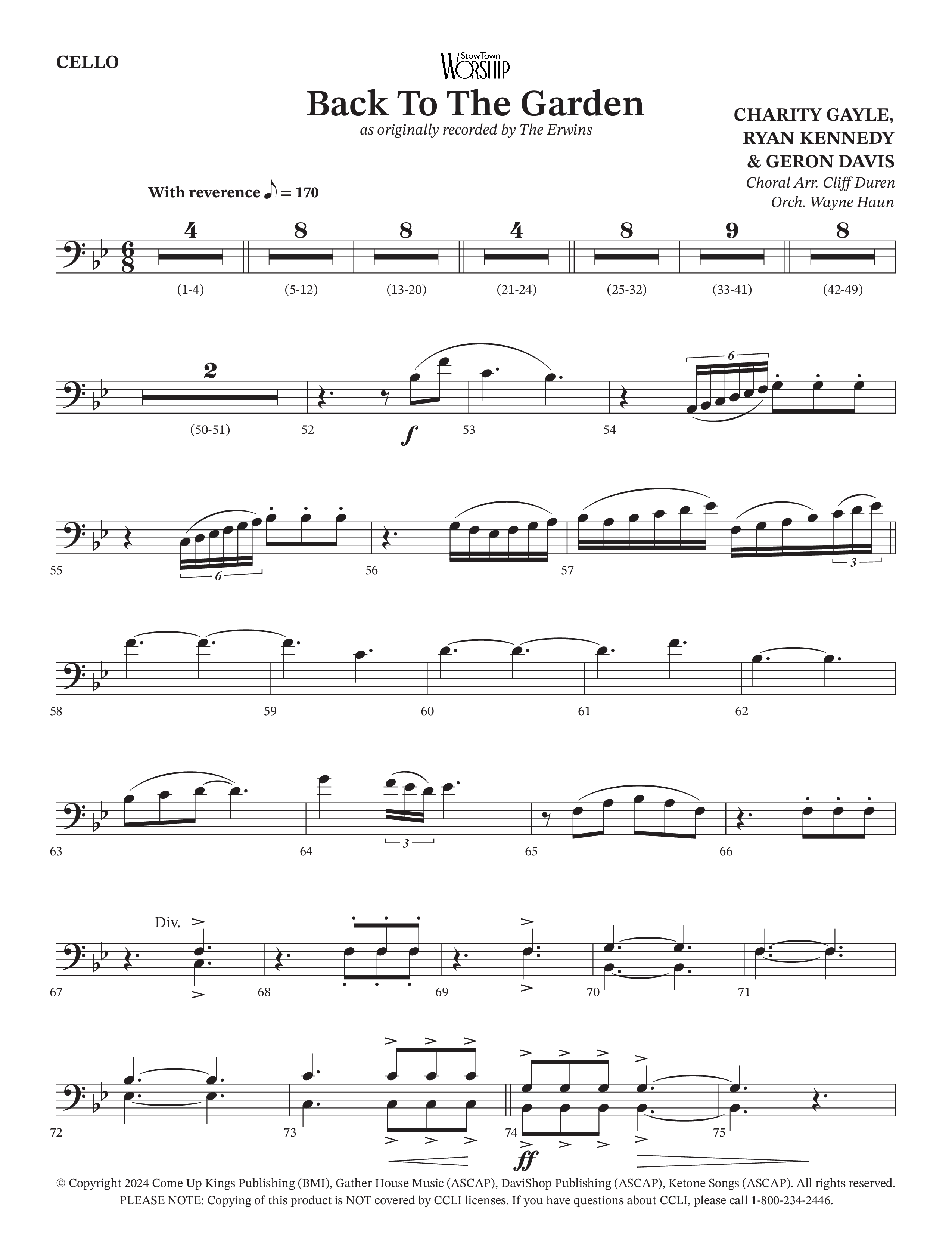 Back To The Garden (Choral Anthem SATB) Cello (The Erwins / Arr. Cliff Duren / Arr. Wayne Haun)