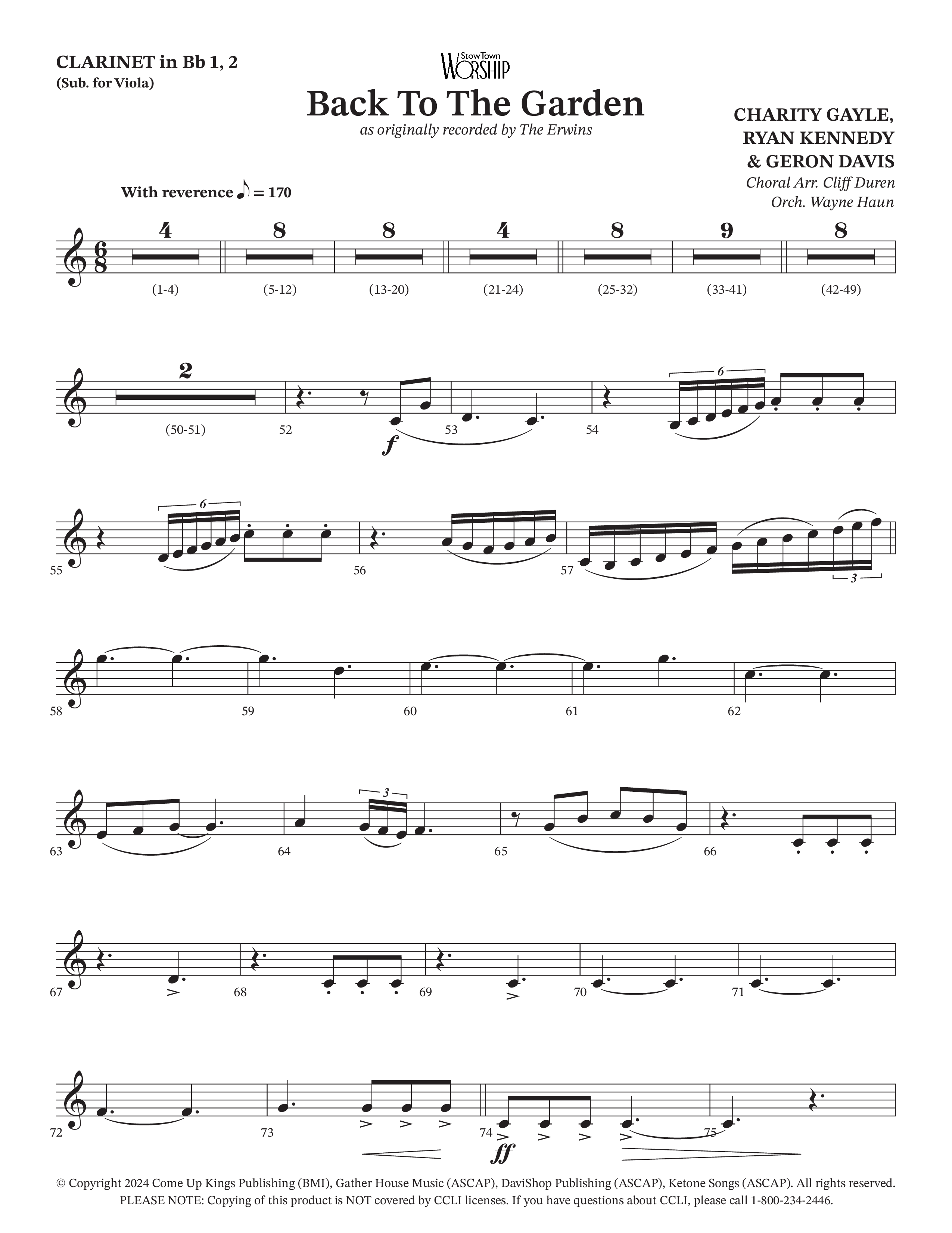 Back To The Garden (Choral Anthem SATB) Clarinet 1/2 (The Erwins / Arr. Cliff Duren / Arr. Wayne Haun)