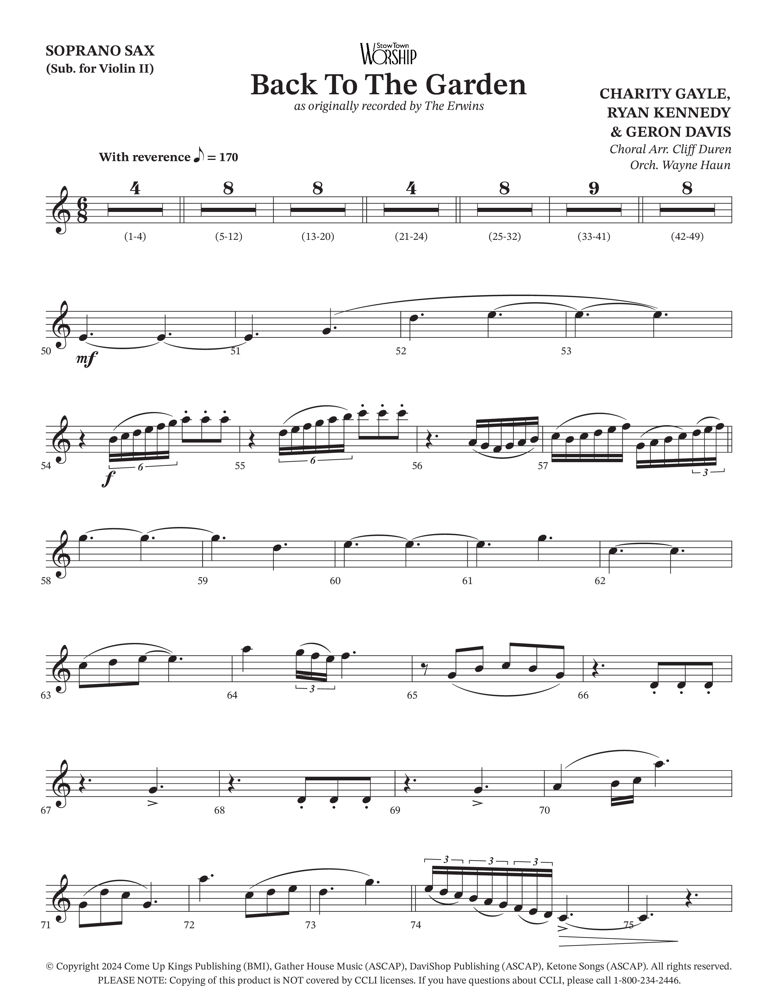 Back To The Garden (Choral Anthem SATB) Soprano Sax (The Erwins / Arr. Cliff Duren / Arr. Wayne Haun)
