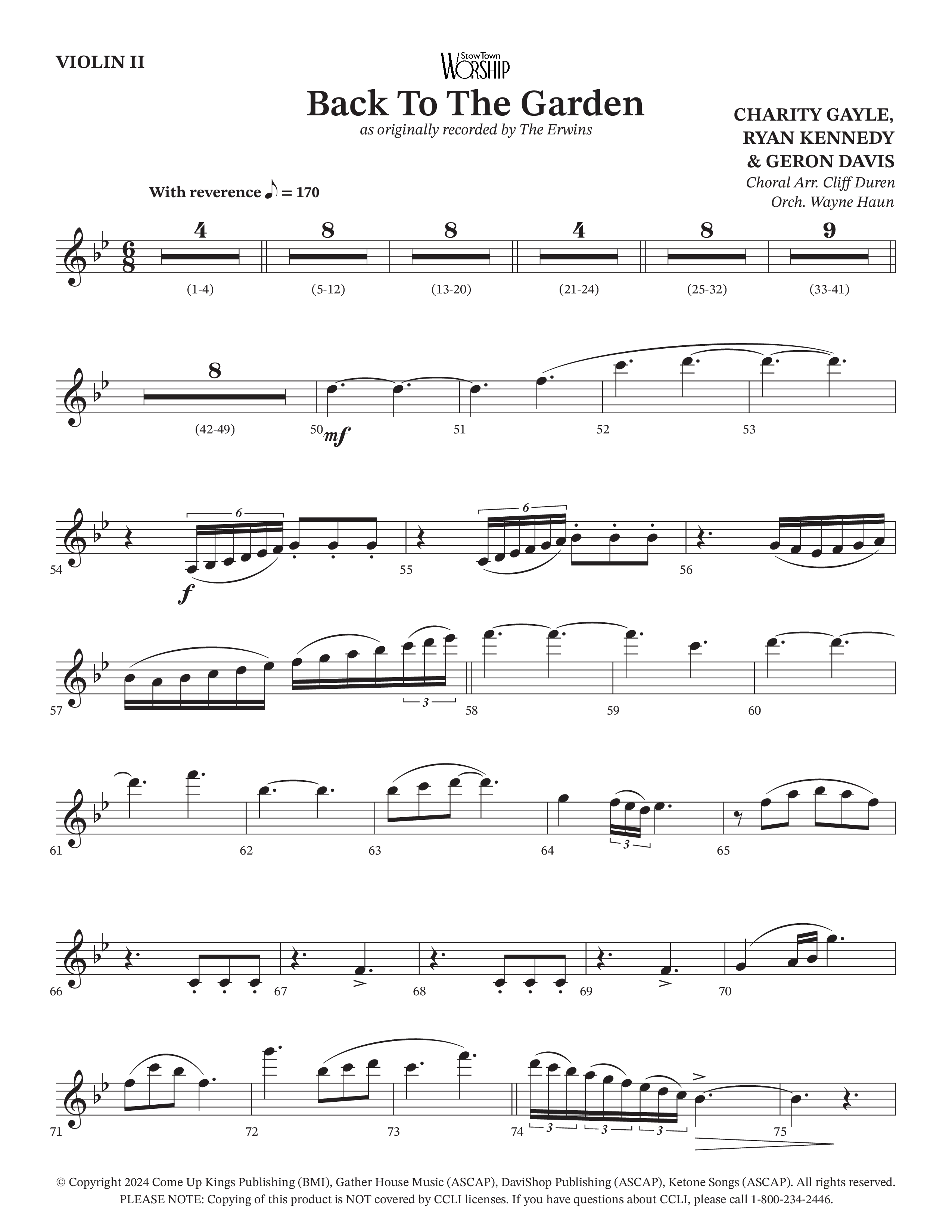 Back To The Garden (Choral Anthem SATB) Violin 2 (The Erwins / Arr. Cliff Duren / Arr. Wayne Haun)