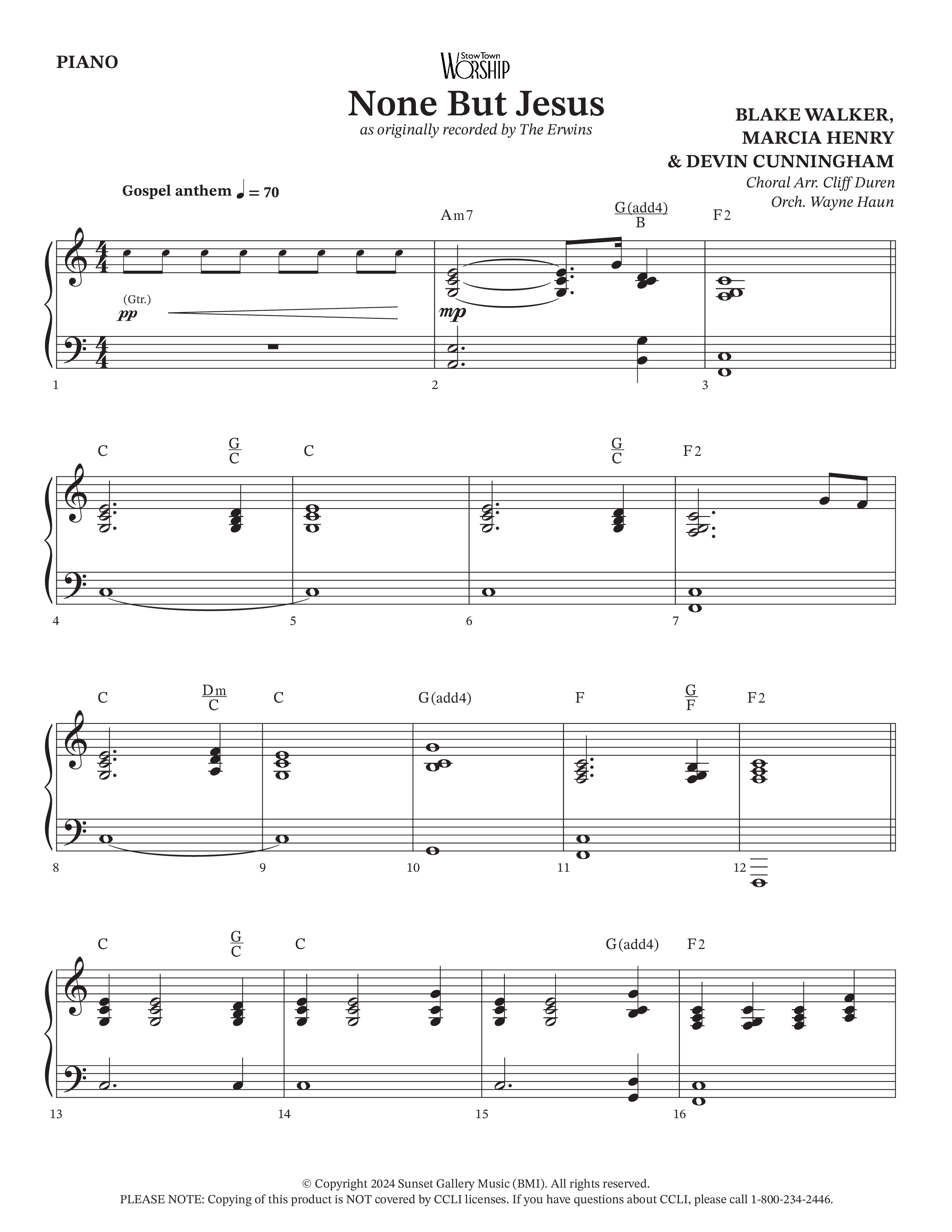None But Jesus (Choral Anthem SATB) Piano Sheet (Arr. Cliff Duren / Orch. Wayne Haun / The Erwins)