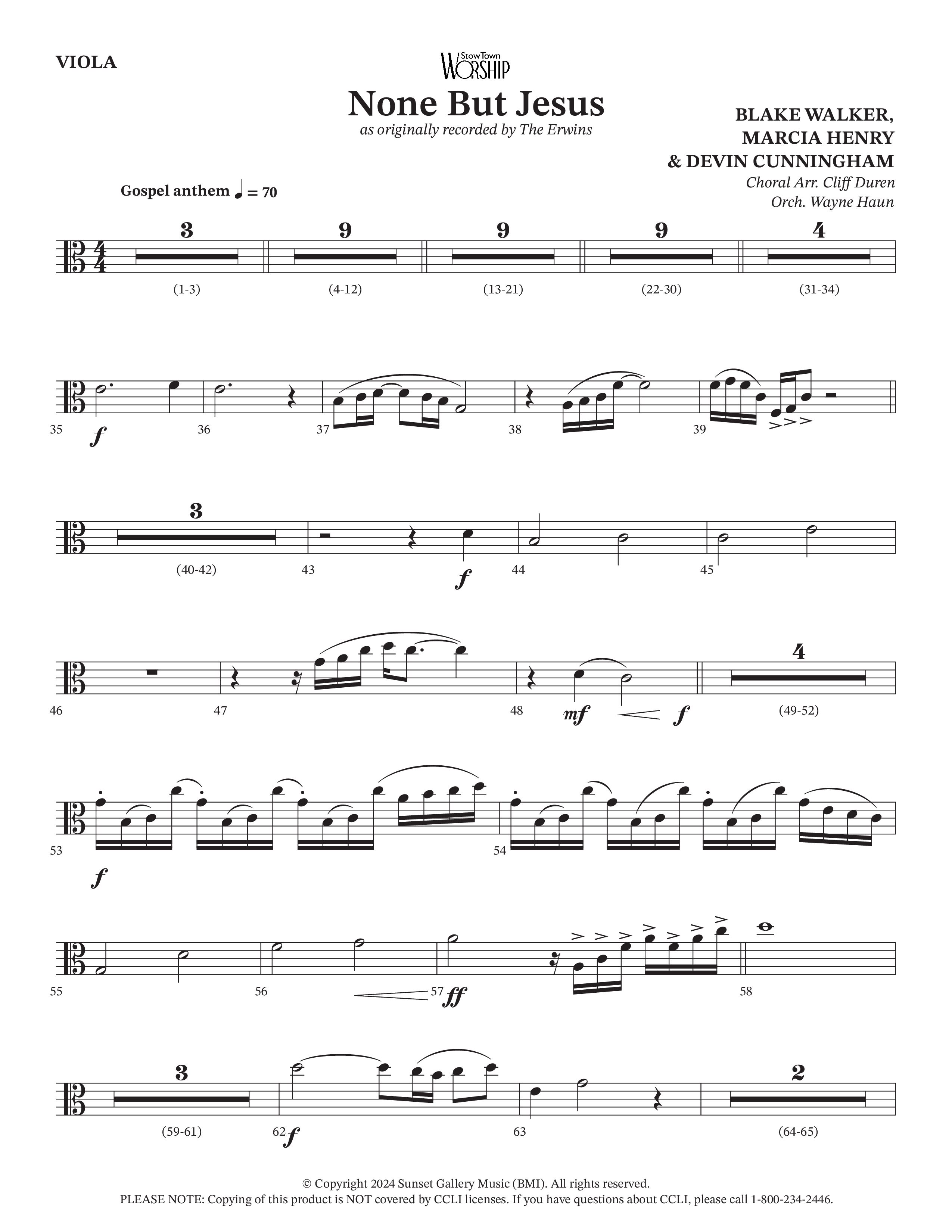None But Jesus (Choral Anthem SATB) Viola (Arr. Cliff Duren / Orch. Wayne Haun / The Erwins)