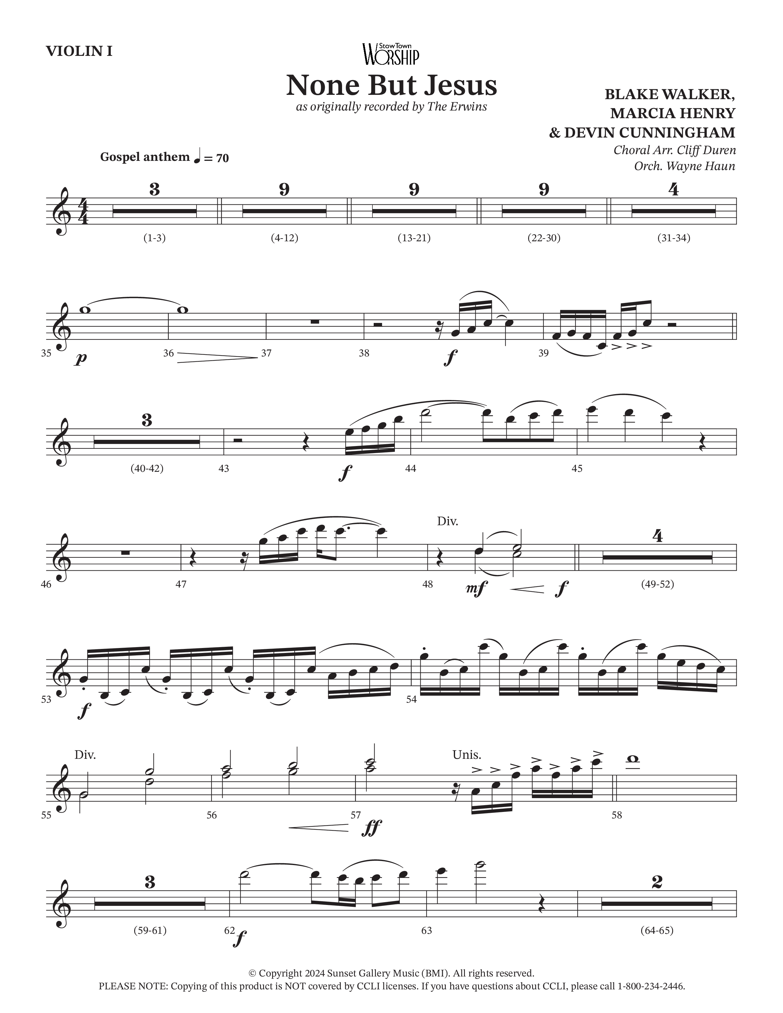 None But Jesus (Choral Anthem SATB) Violin 1 (Arr. Cliff Duren / Orch. Wayne Haun / The Erwins)