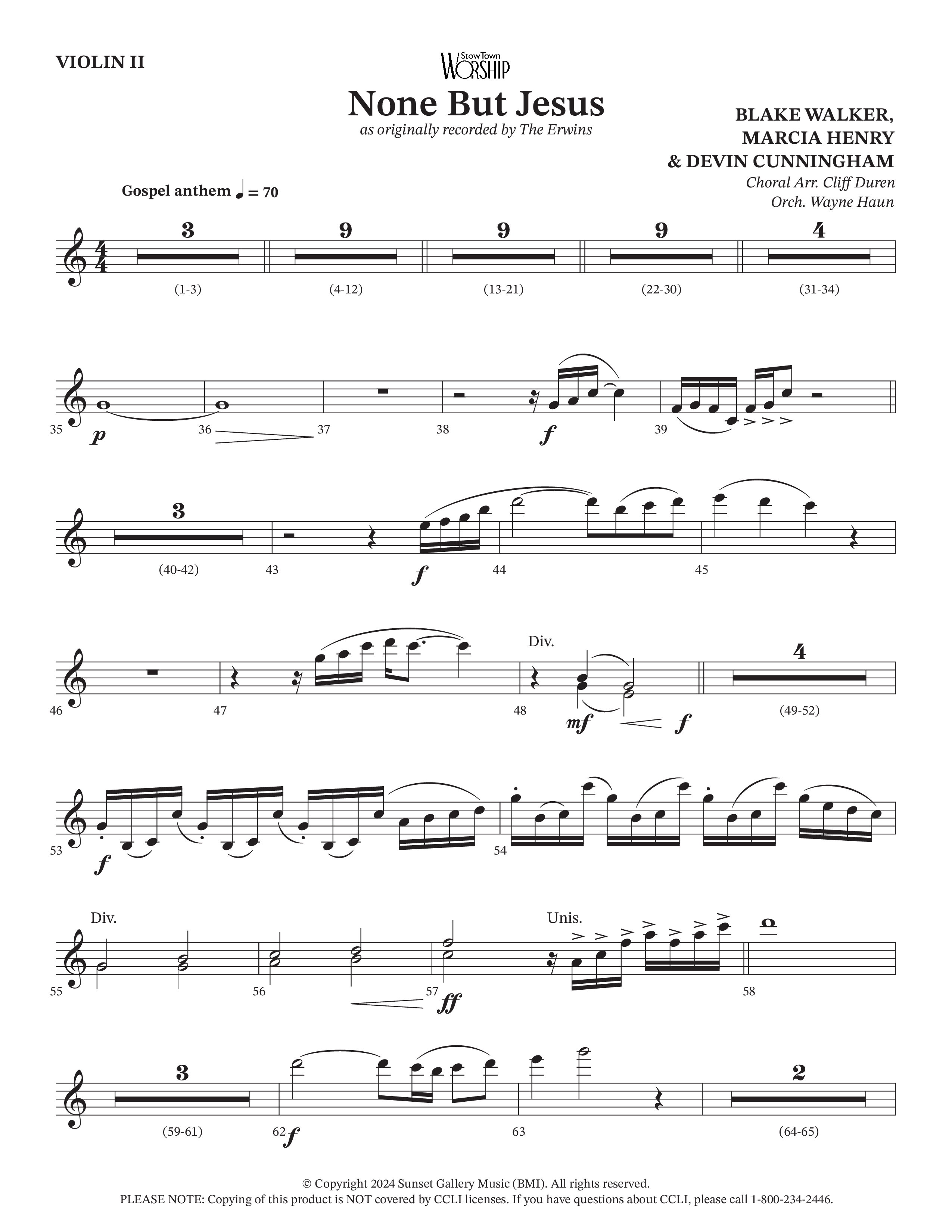 None But Jesus (Choral Anthem SATB) String Pack (Arr. Cliff Duren / Orch. Wayne Haun / The Erwins)