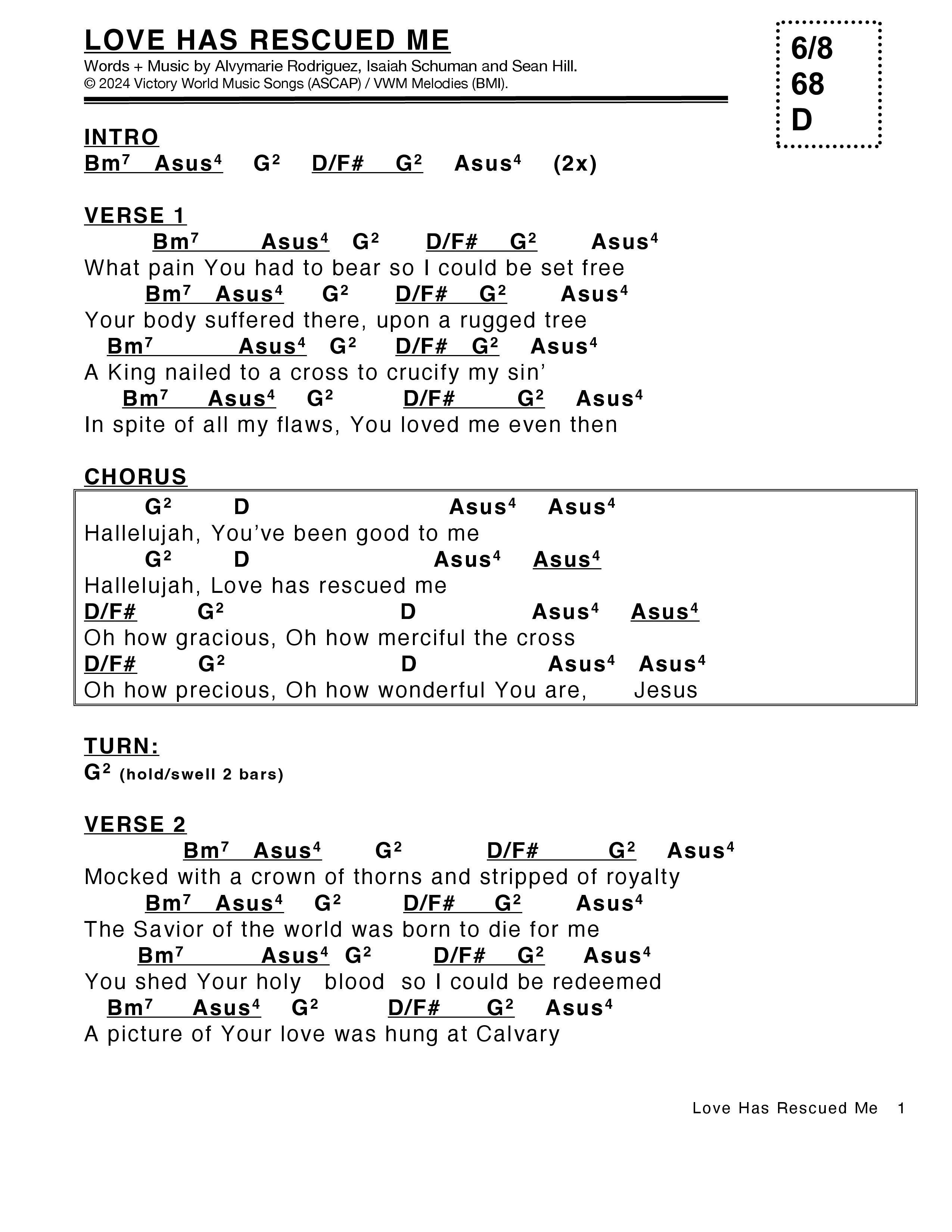 Love Has Rescued Me Chord Chart (Victory House Worship)