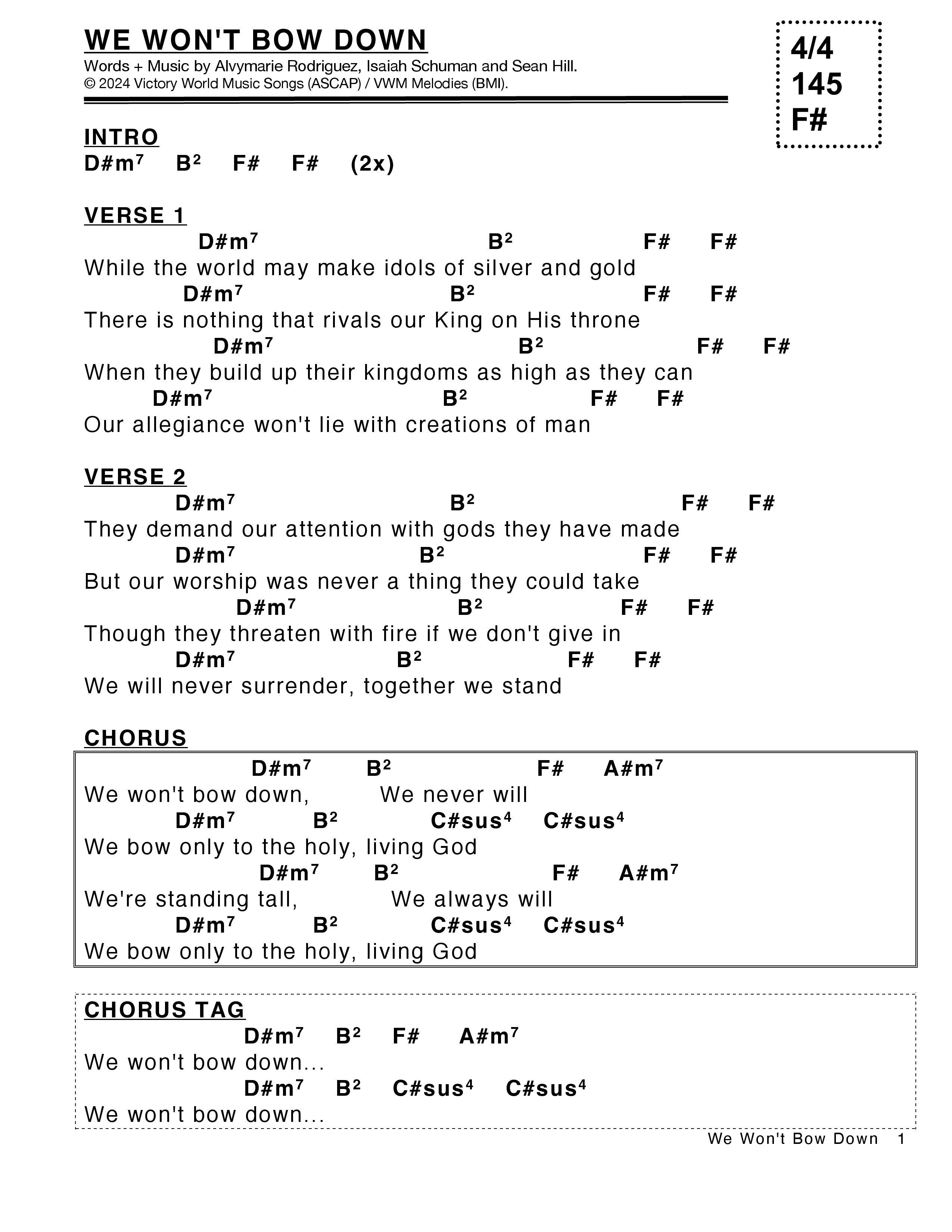 We Won't Bow Down Chord Chart (Victory House Worship)