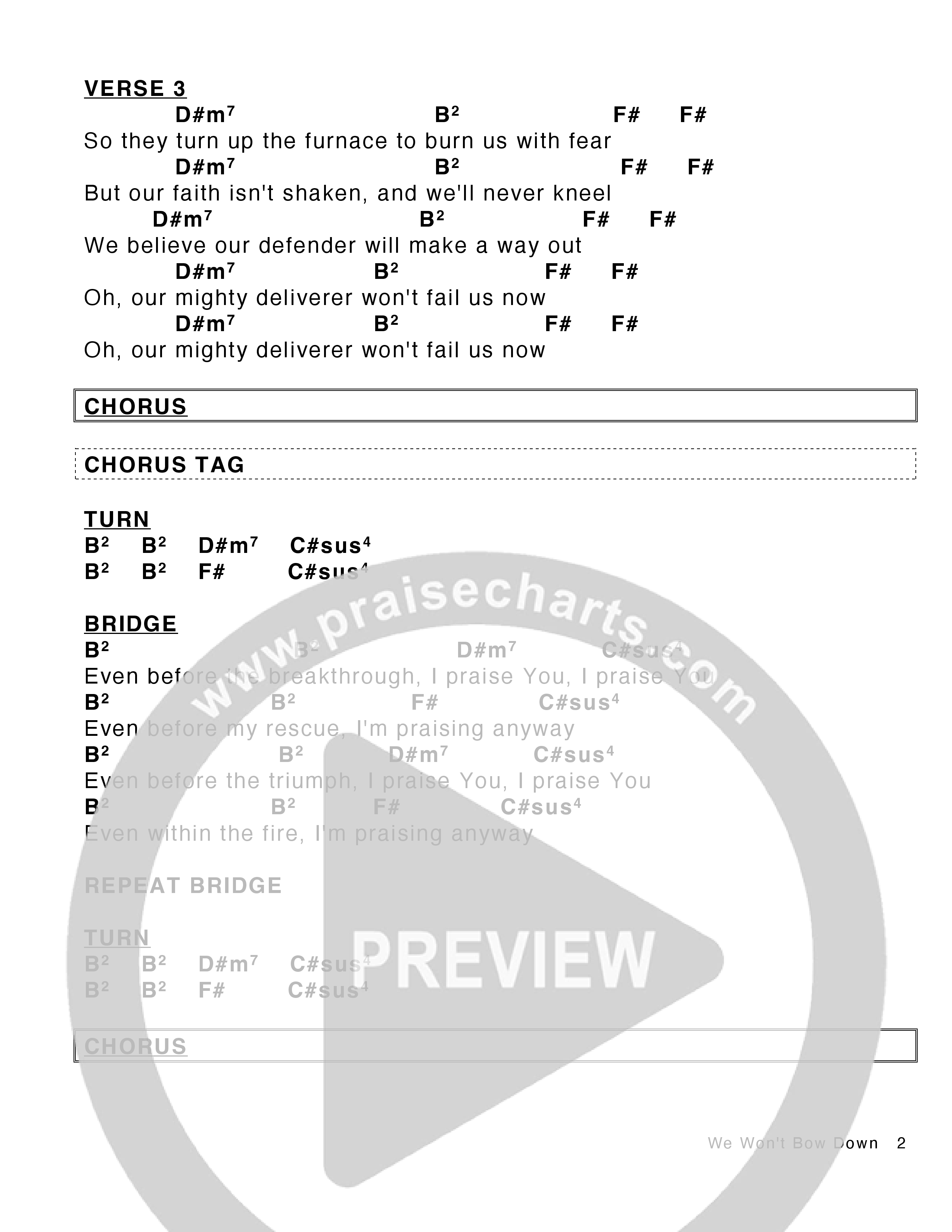 We Won't Bow Down Chord Chart (Victory House Worship)