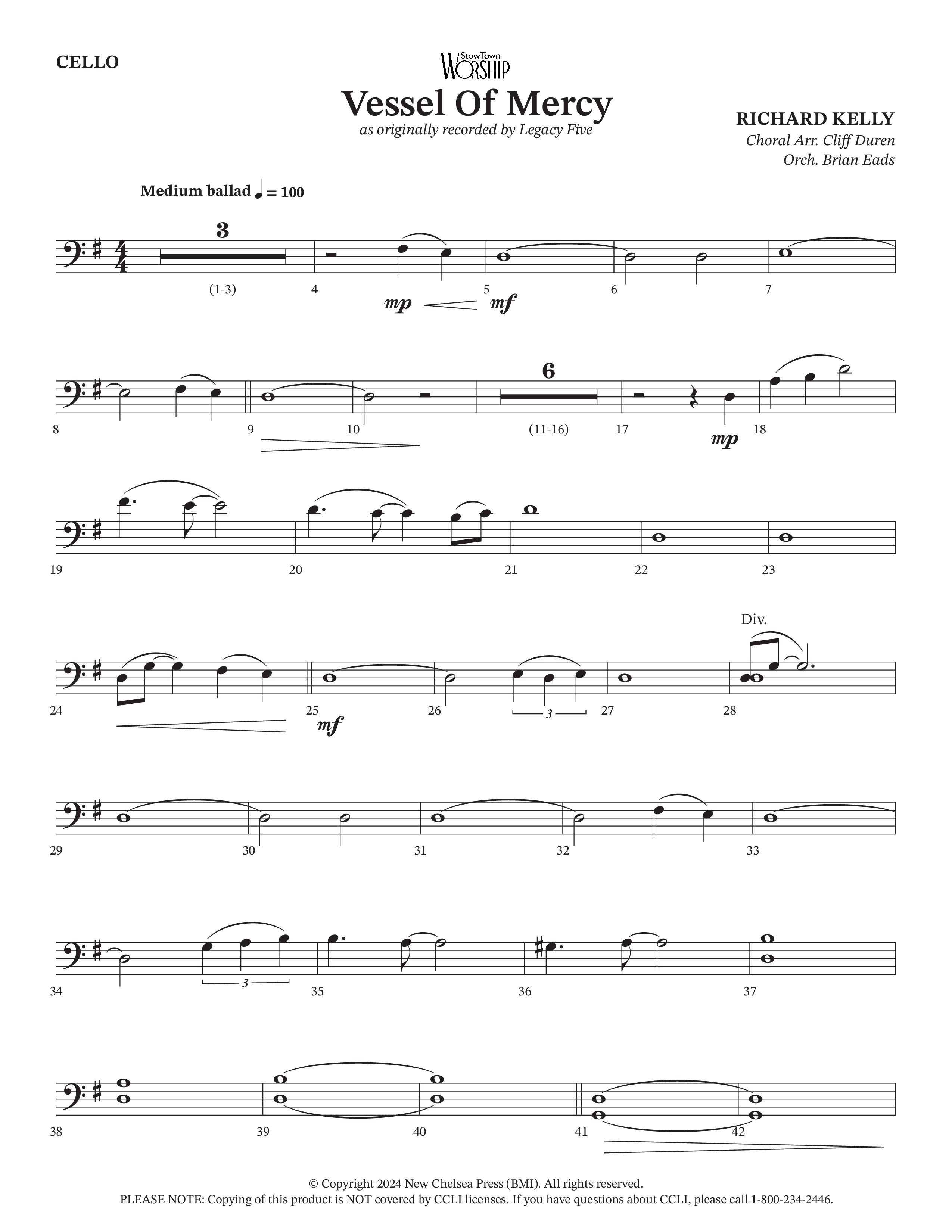 Vessel Of Mercy (Choral Anthem SATB) Cello (Arr. Cliff Duren / Orch. Brian Eads / Legacy Five)