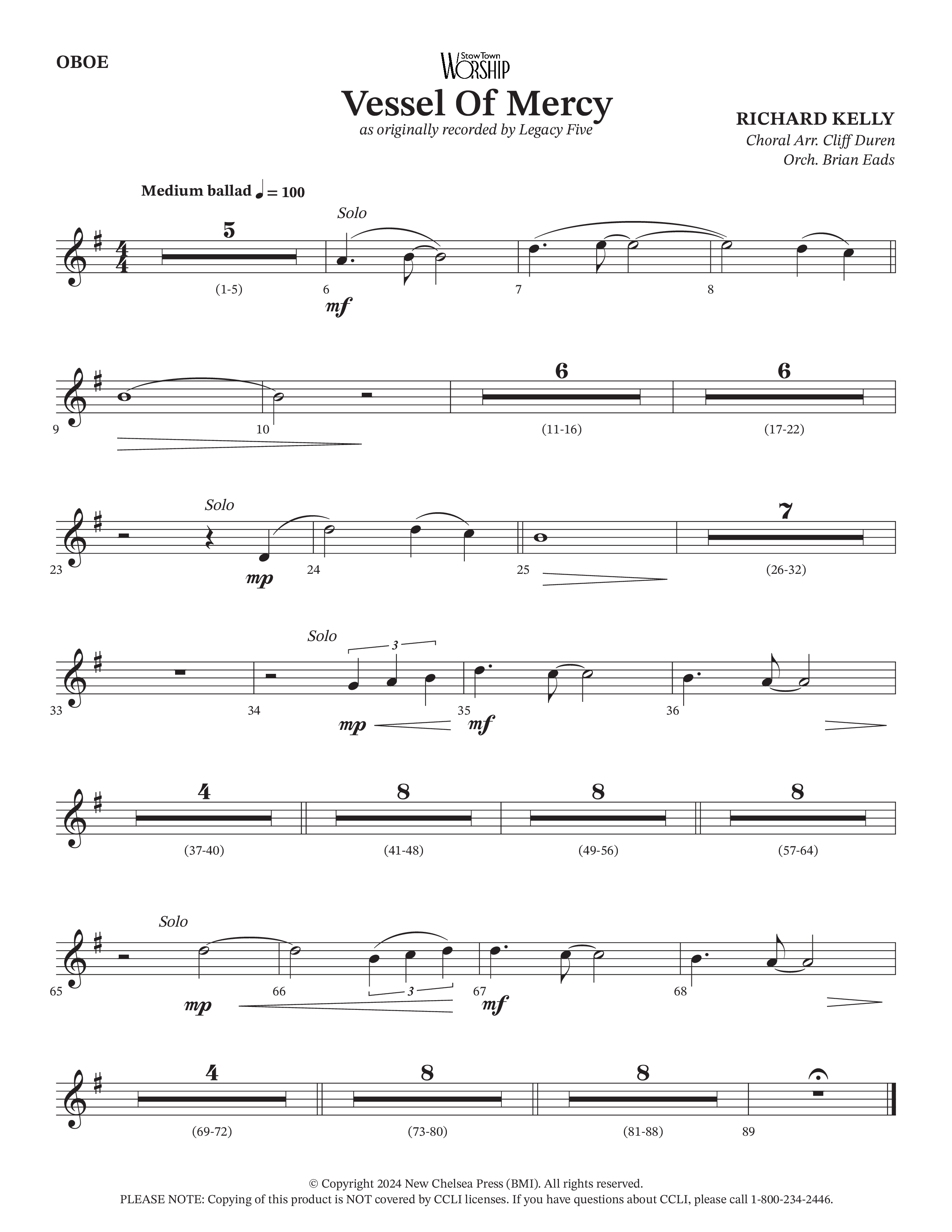 Vessel Of Mercy (Choral Anthem SATB) Oboe (Arr. Cliff Duren / Orch. Brian Eads / Legacy Five)