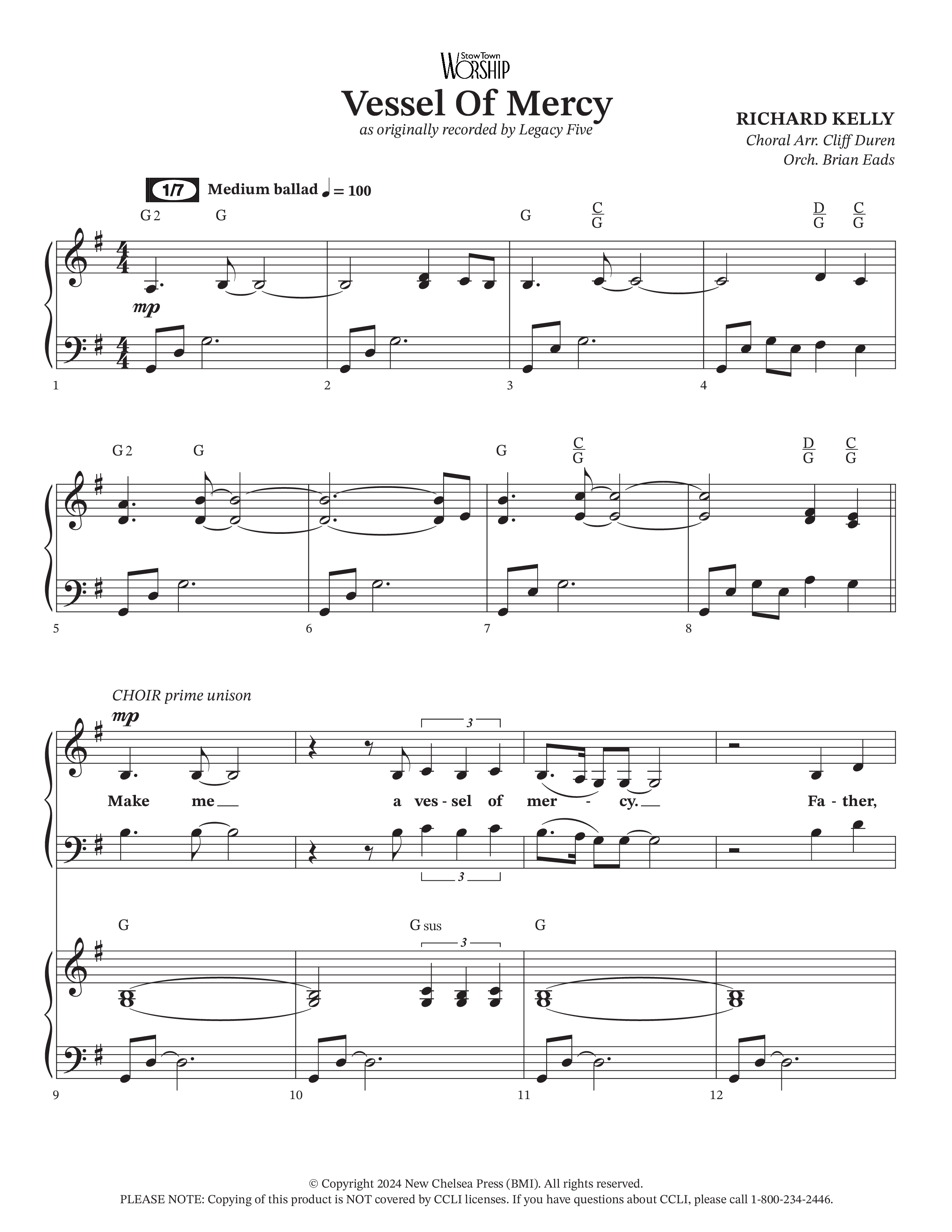 Vessel Of Mercy (Choral Anthem SATB) Piano/Vocal Pack (Arr. Cliff Duren / Orch. Brian Eads / Legacy Five)