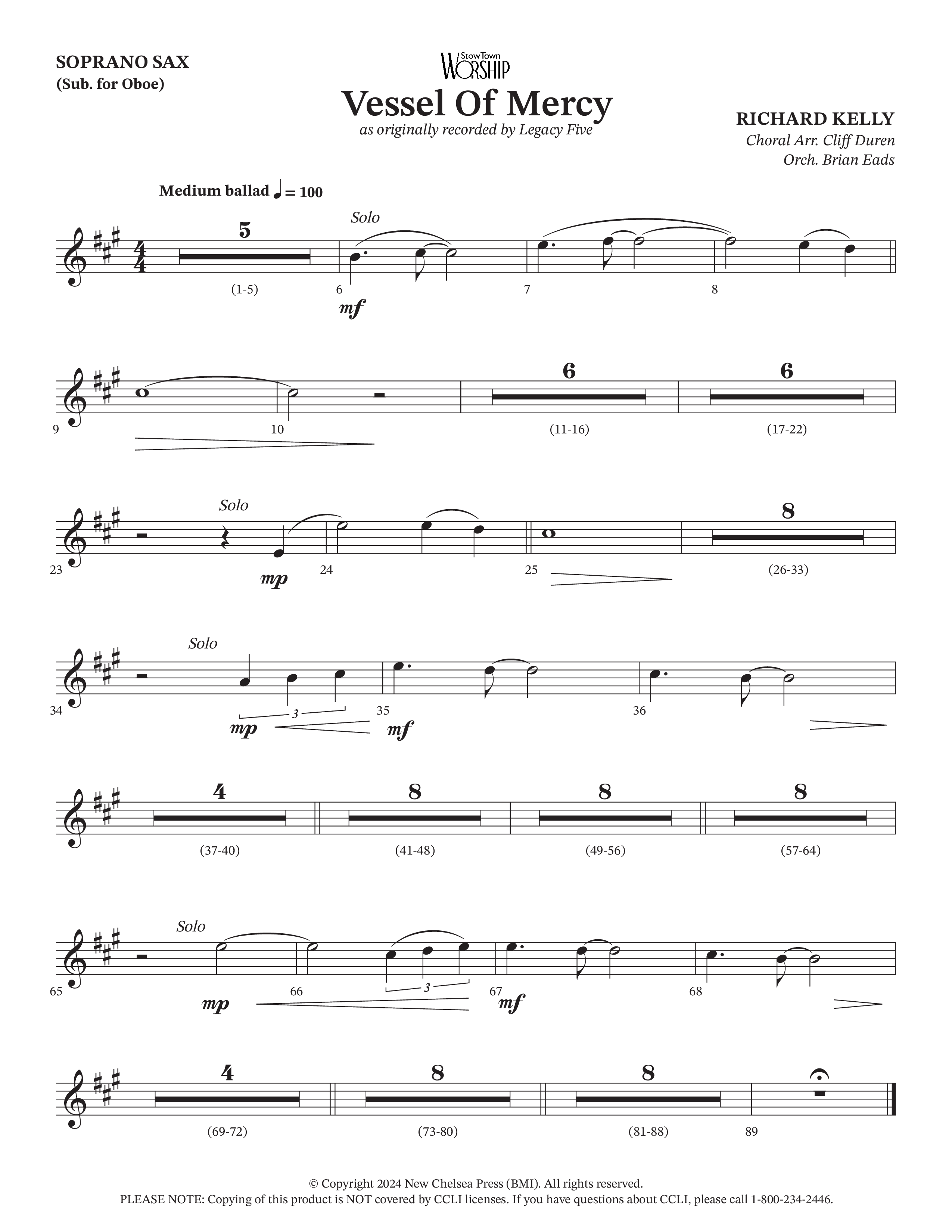 Vessel Of Mercy (Choral Anthem SATB) Soprano Sax (Arr. Cliff Duren / Orch. Brian Eads / Legacy Five)