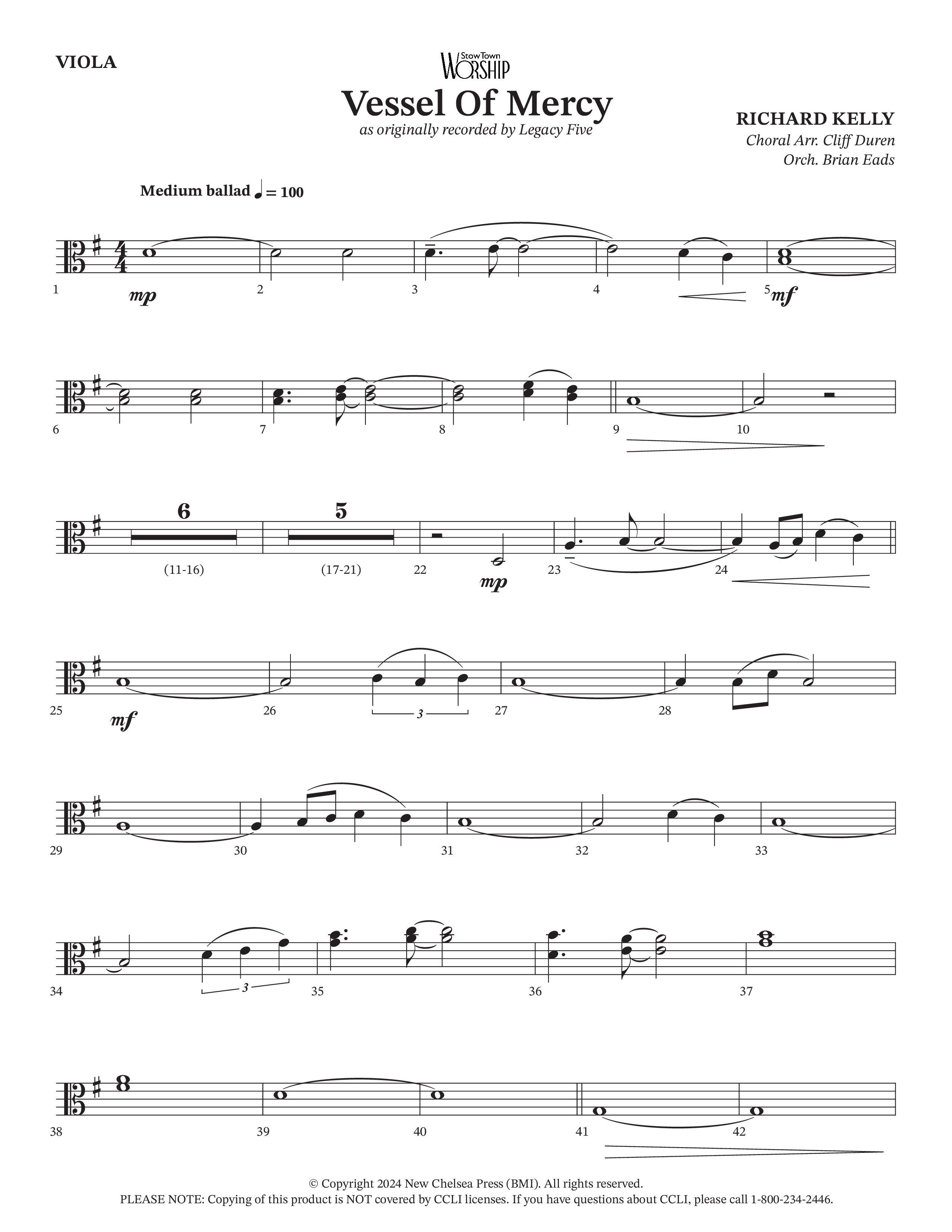 Vessel Of Mercy (Choral Anthem SATB) Viola (Arr. Cliff Duren / Orch. Brian Eads / Legacy Five)