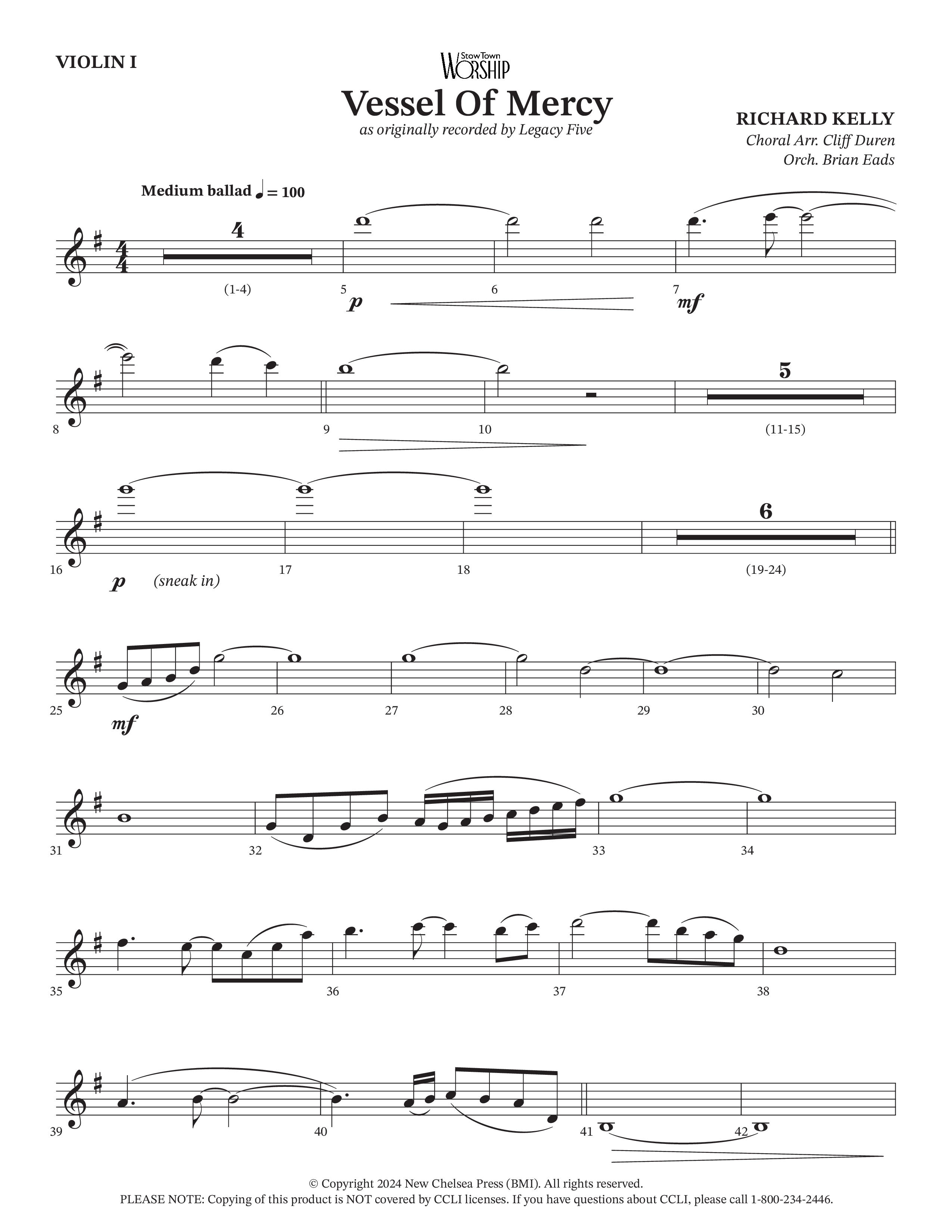 Vessel Of Mercy (Choral Anthem SATB) Violin 1 (Arr. Cliff Duren / Orch. Brian Eads / Legacy Five)
