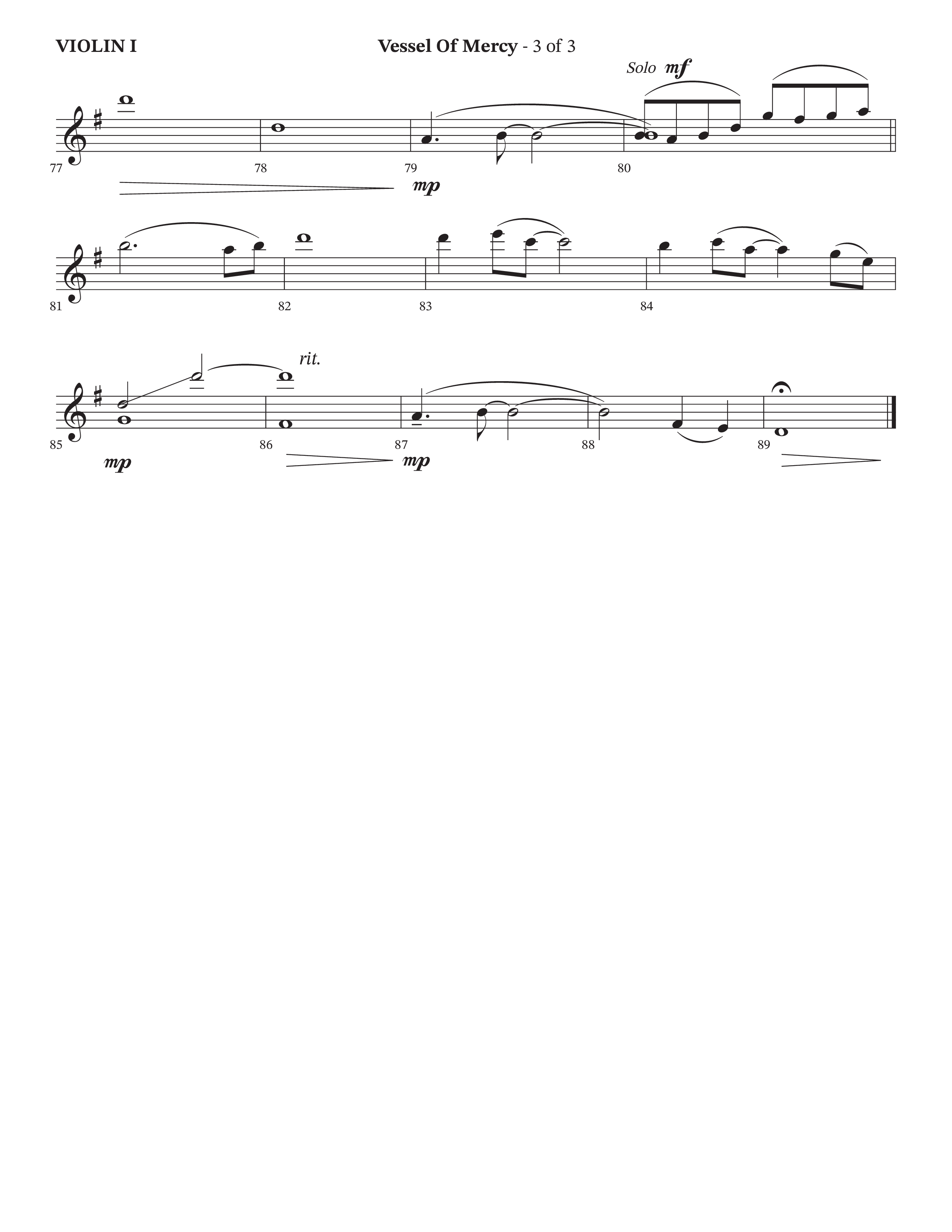 Vessel Of Mercy (Choral Anthem SATB) Violin 1 (Arr. Cliff Duren / Orch. Brian Eads / Legacy Five)