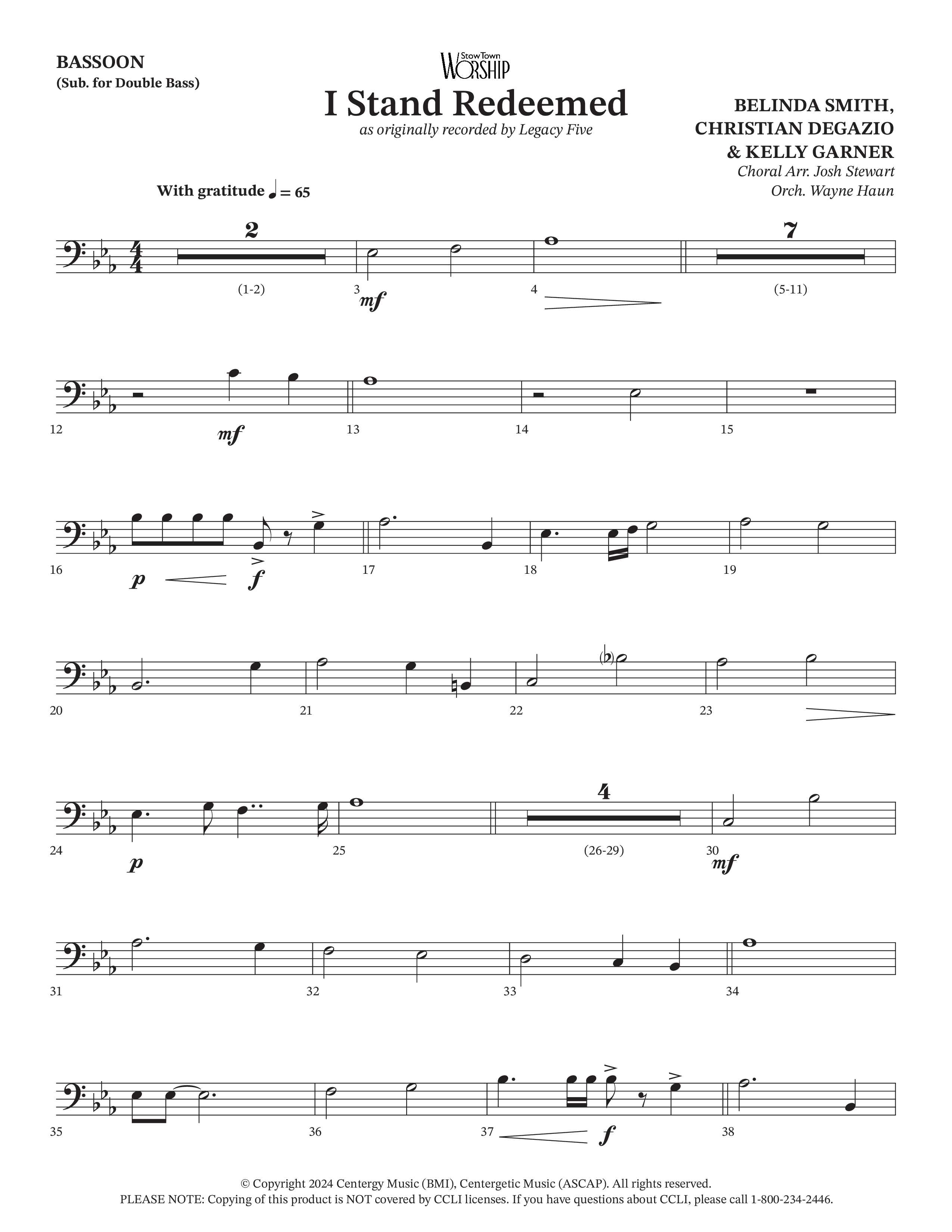 I Stand Redeemed (Choral Anthem SATB) Bassoon (Arr. Josh Stewart / Orch. Wayne Haun / Legacy Five)