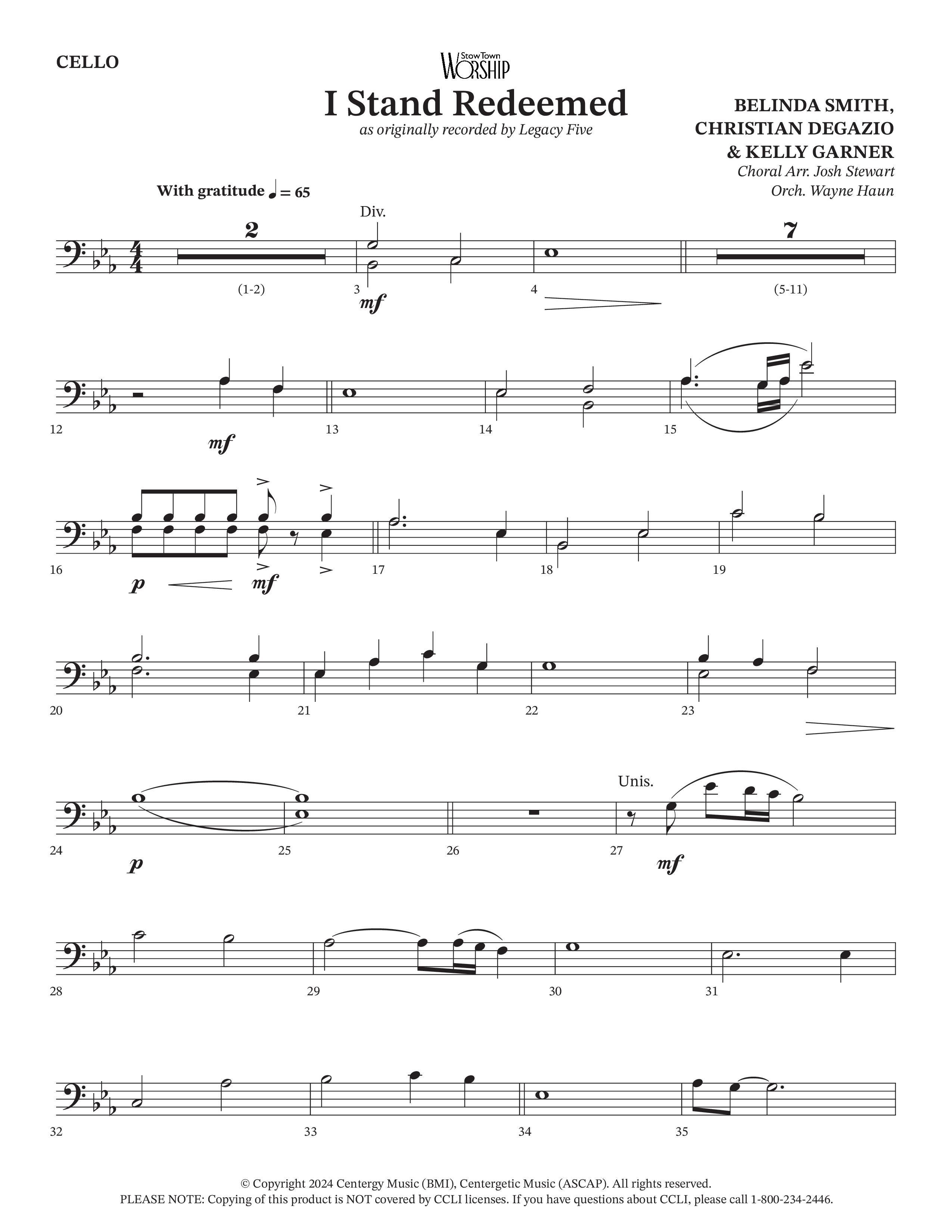 I Stand Redeemed (Choral Anthem SATB) Cello (Arr. Josh Stewart / Orch. Wayne Haun / Legacy Five)