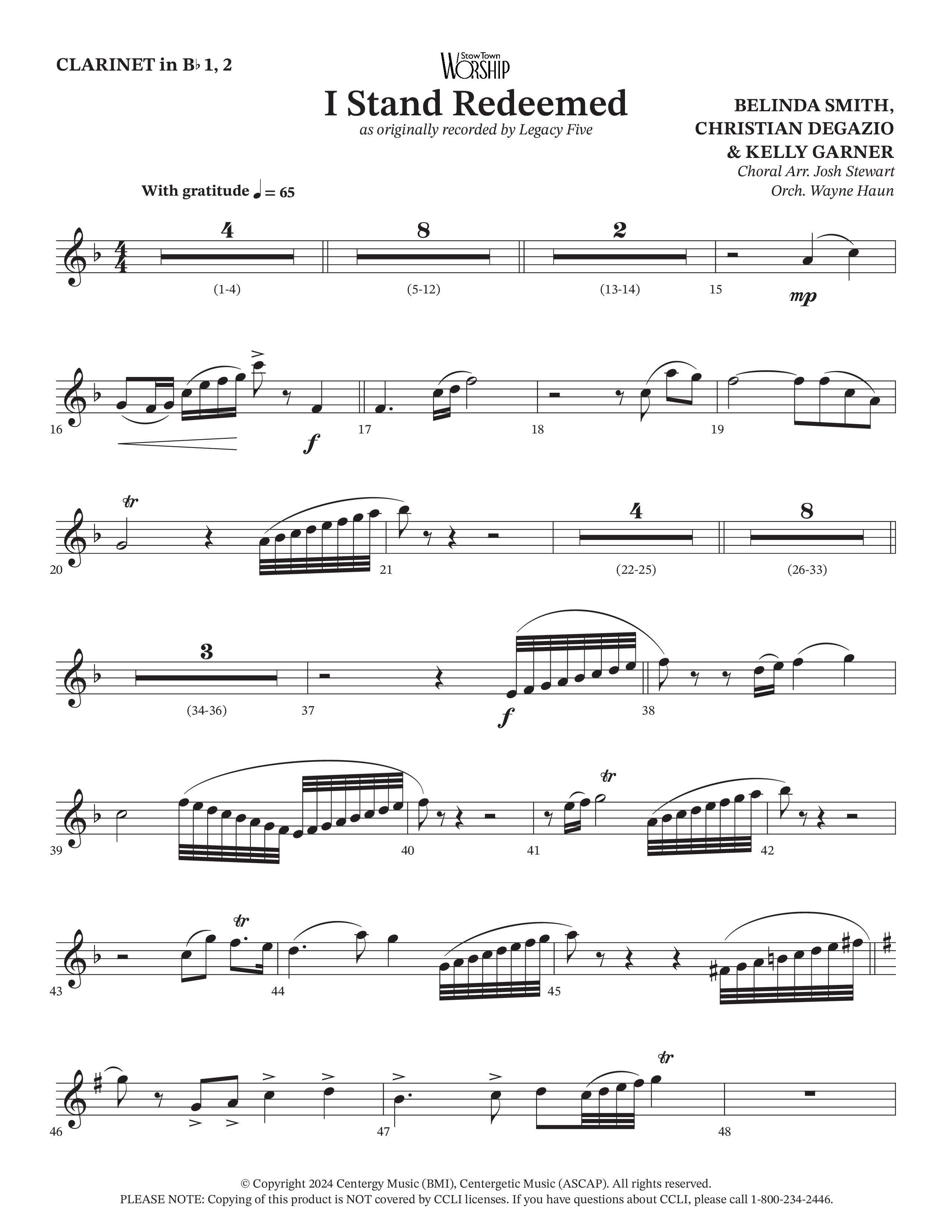 I Stand Redeemed (Choral Anthem SATB) Clarinet 1/2 (Arr. Josh Stewart / Orch. Wayne Haun / Legacy Five)