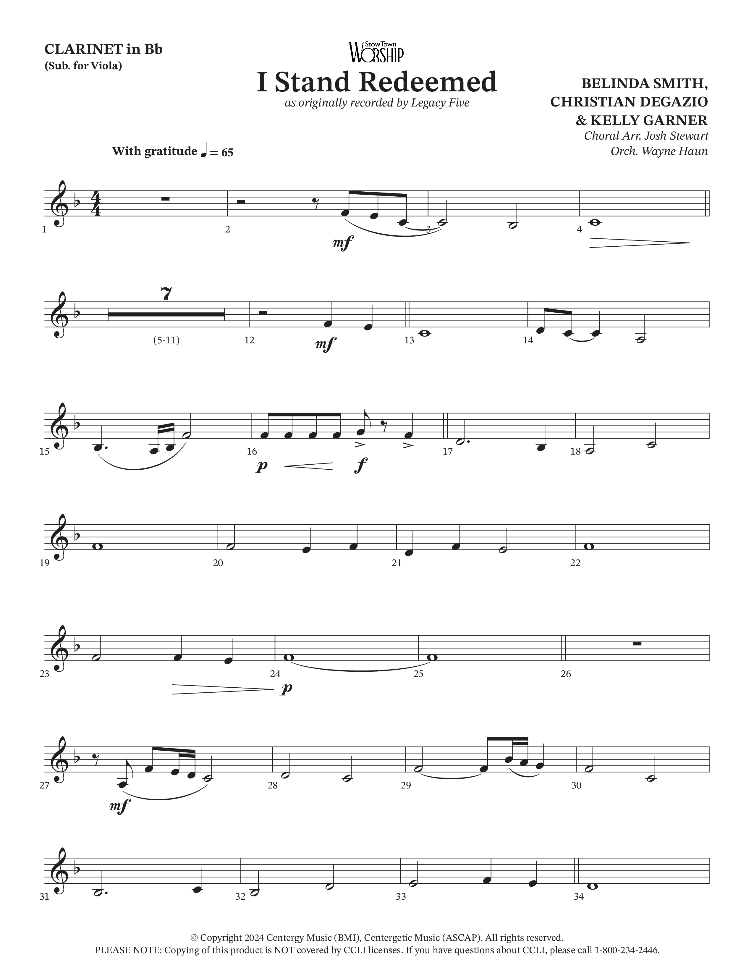 I Stand Redeemed (Choral Anthem SATB) Clarinet (Arr. Josh Stewart / Orch. Wayne Haun / Legacy Five)