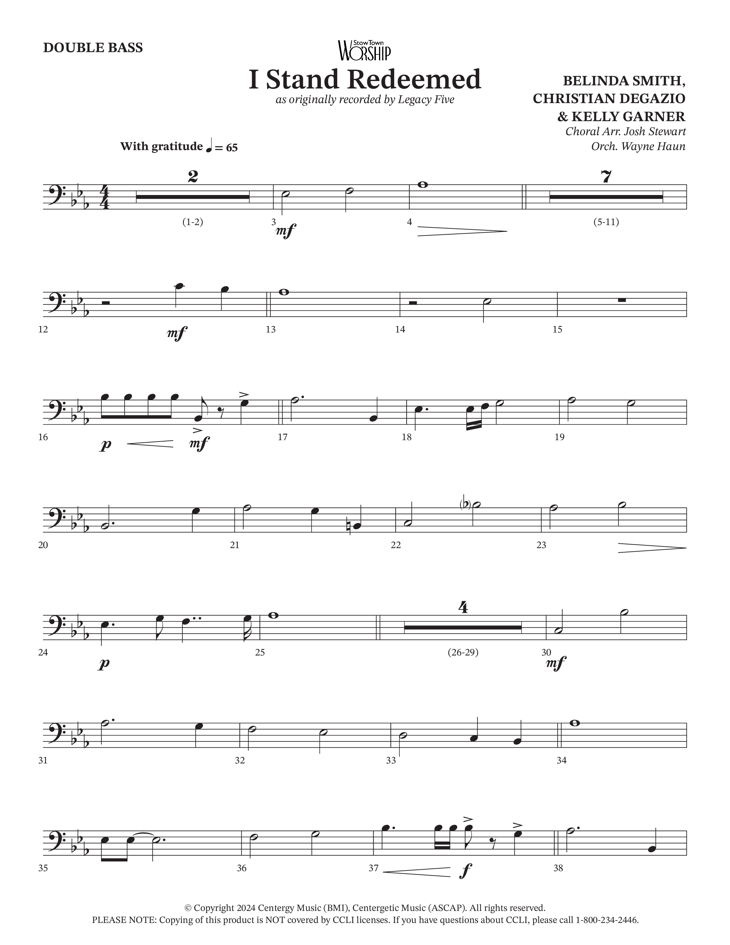 I Stand Redeemed (Choral Anthem SATB) Double Bass (Arr. Josh Stewart / Orch. Wayne Haun / Legacy Five)