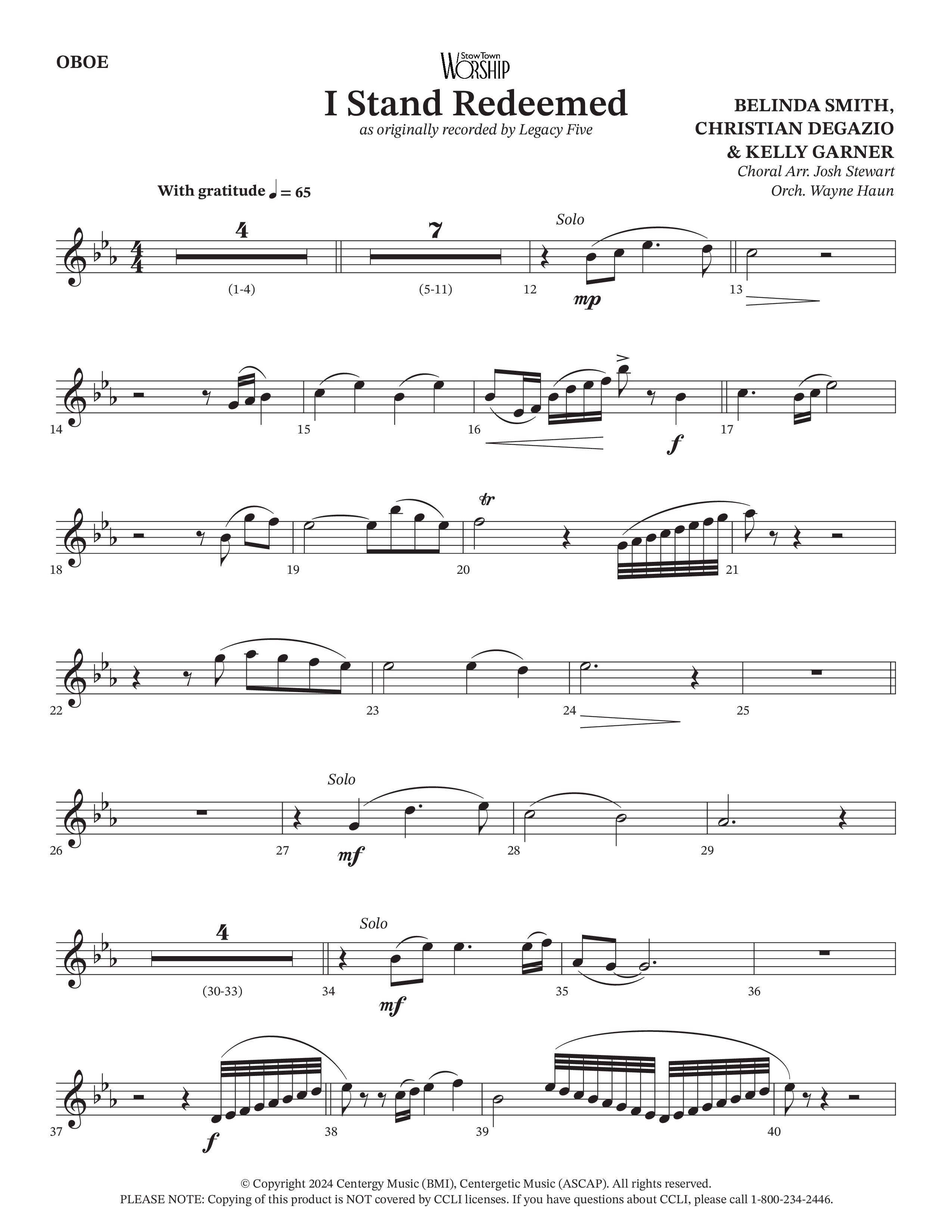 I Stand Redeemed (Choral Anthem SATB) Wind Pack (Arr. Josh Stewart / Orch. Wayne Haun / Legacy Five)
