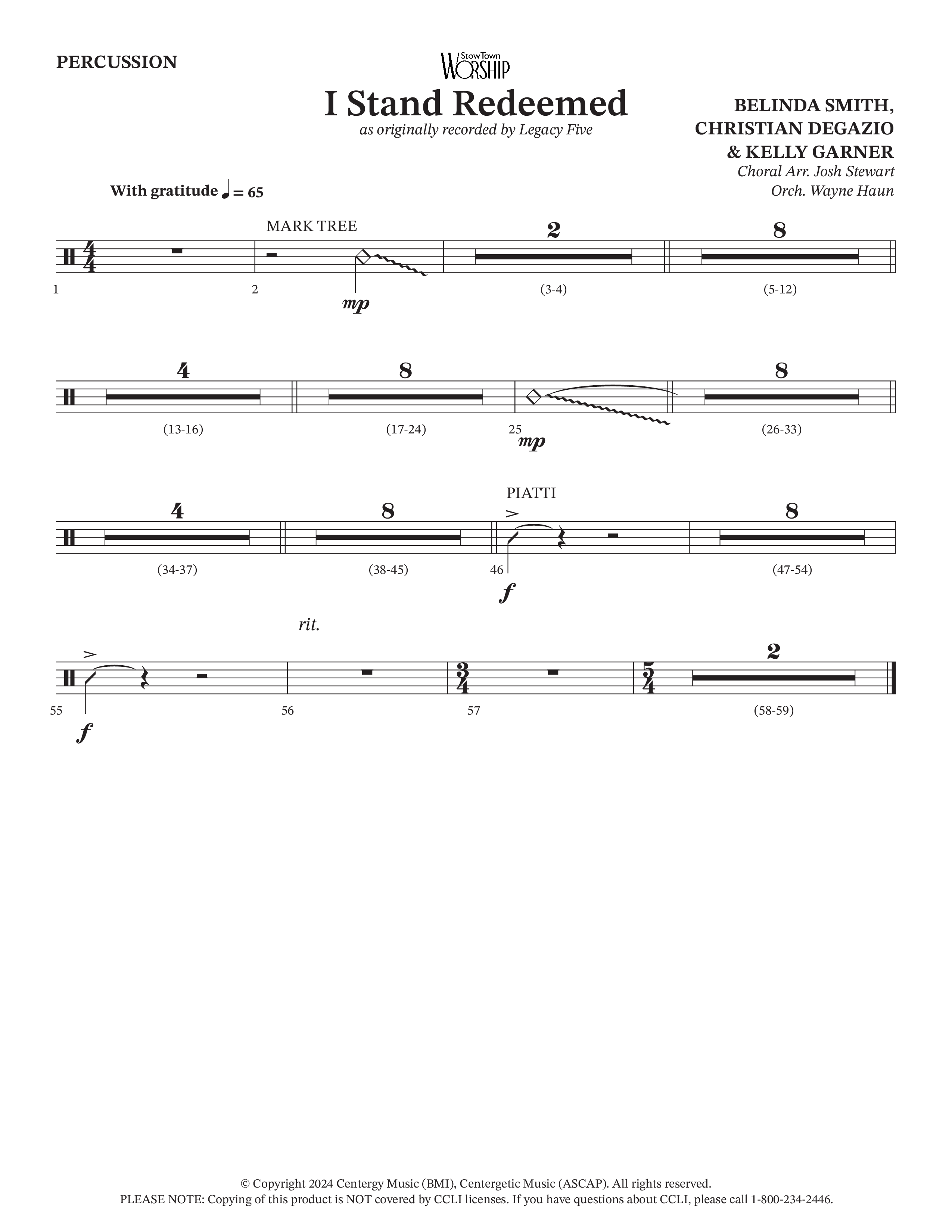 I Stand Redeemed (Choral Anthem SATB) Percussion (Arr. Josh Stewart / Orch. Wayne Haun / Legacy Five)