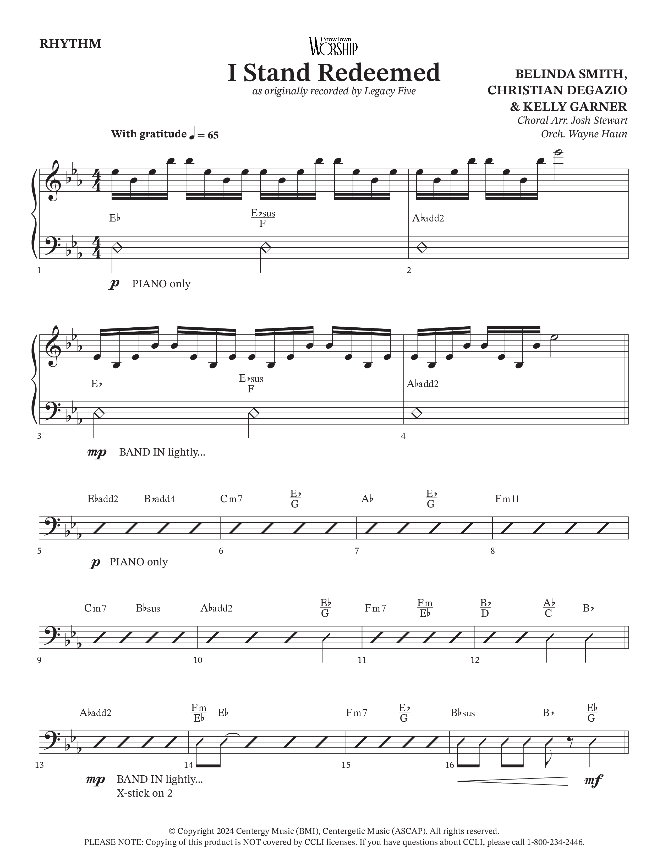I Stand Redeemed (Choral Anthem SATB) Rhythm Chart (Arr. Josh Stewart / Orch. Wayne Haun / Legacy Five)